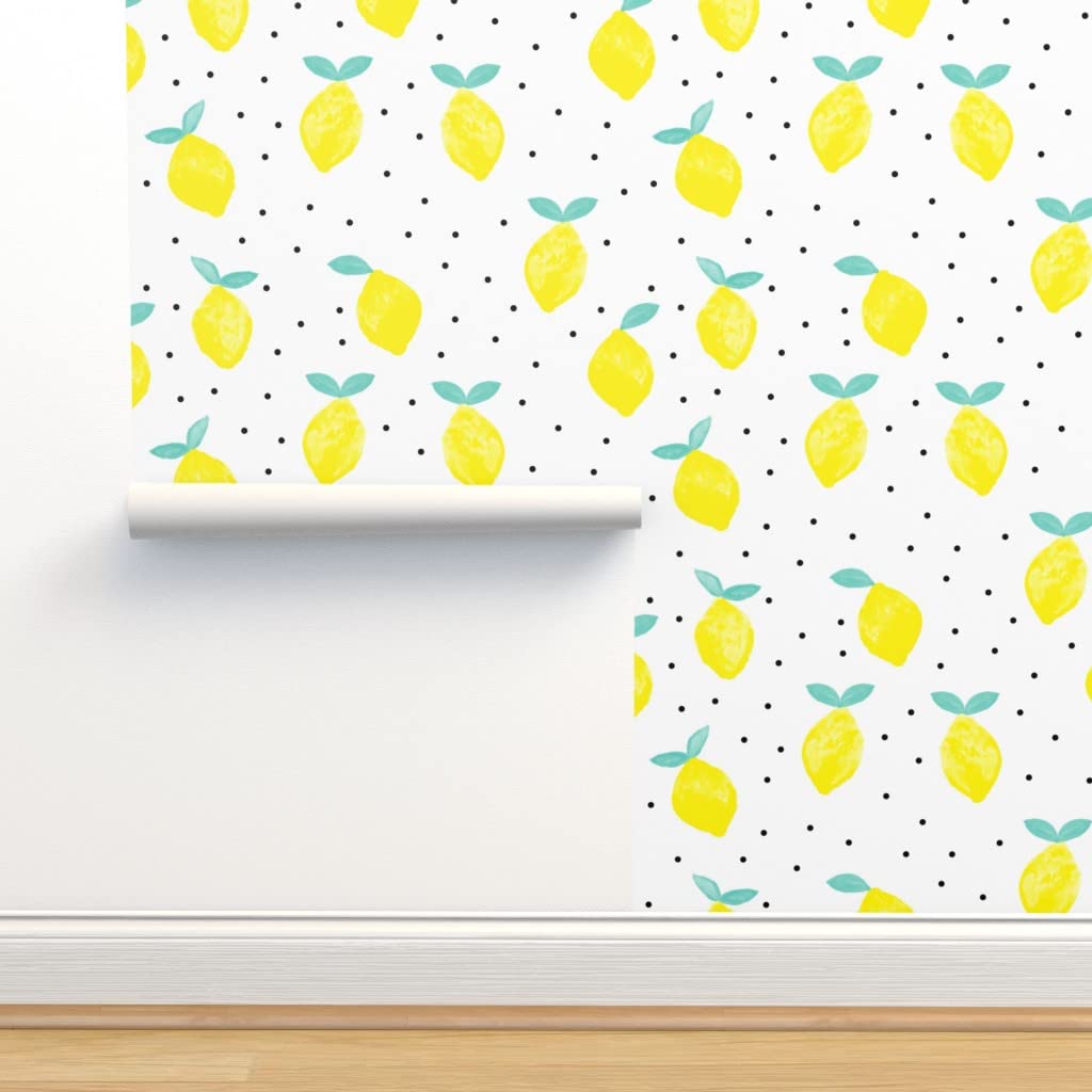 Peel & Stick Removable Wallpaper 9ft x 2ft - Fresh Lemon Citrus Pattern with White Background & Black Polka Dots | Trendy Summer Spring Fruit Design by Spoonflower | Perfect for Kitchen, Bathroom, Nursery & Home Decor