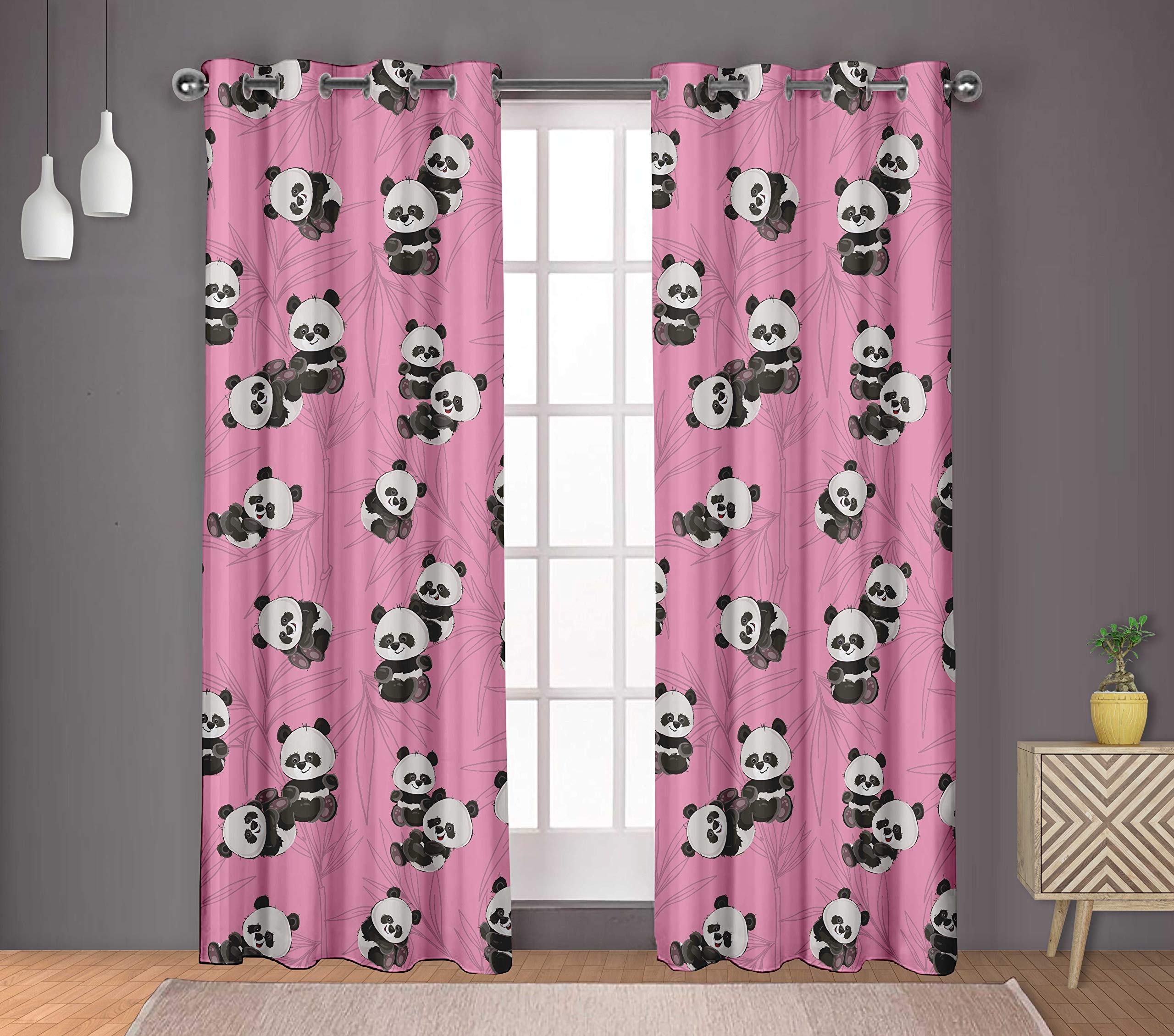 S4Sassy Cotton Duck Tree & Panda Kids Pink 2-Panel Curtain Set with Eyelet Design - 54x95 Inches - Perfect for Nursery, Bedroom, or Playroom Decor