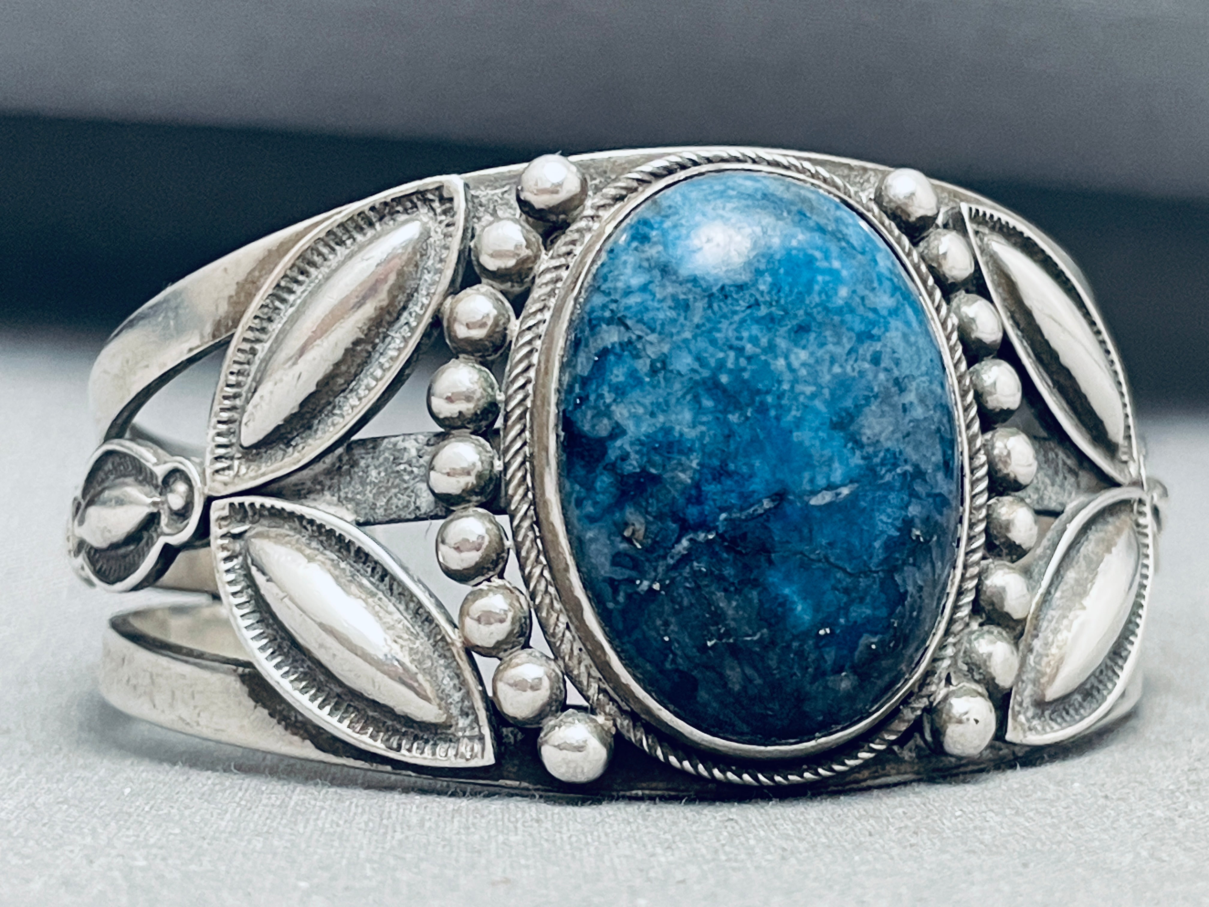 Aaron Toadlena Lapis Vintage Native American Navajo Sterling Silver Bracelet - Handcrafted Turquoise Jewelry for Women, Southwest Style Bangle for Boho Fashion & Gift Giving