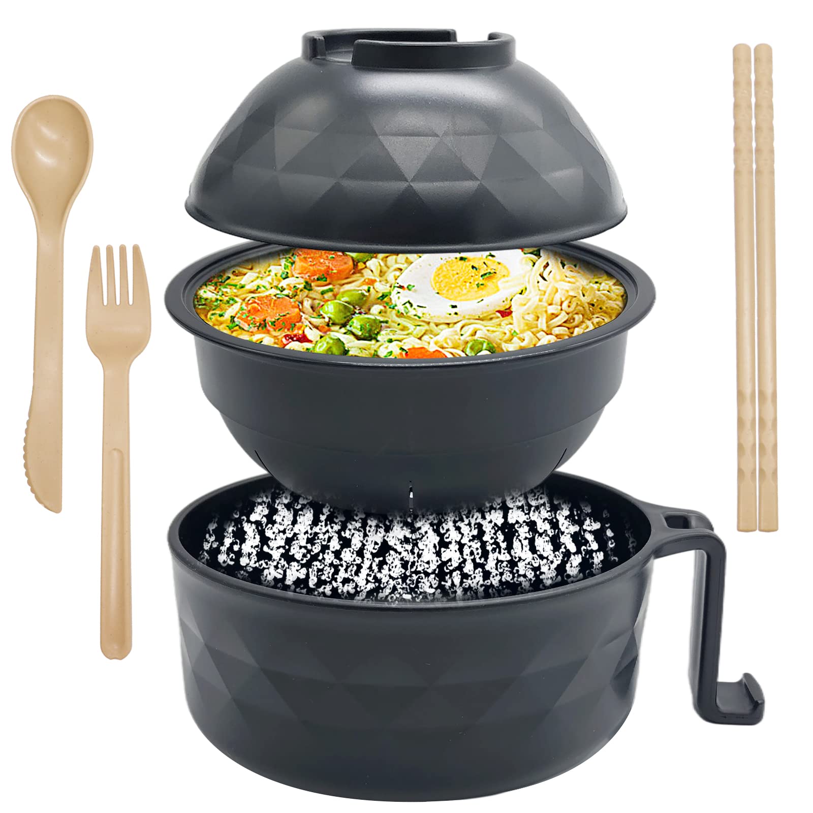 33oz Microwave Ramen Cooker Bowl Set with Chopsticks - Instant Noodles Bowl for College Dorm & Apartment - Fast Cooking, Dishwasher Safe (Black) - Perfect for Quick Meals, Late Night Snacks & Office Lunches