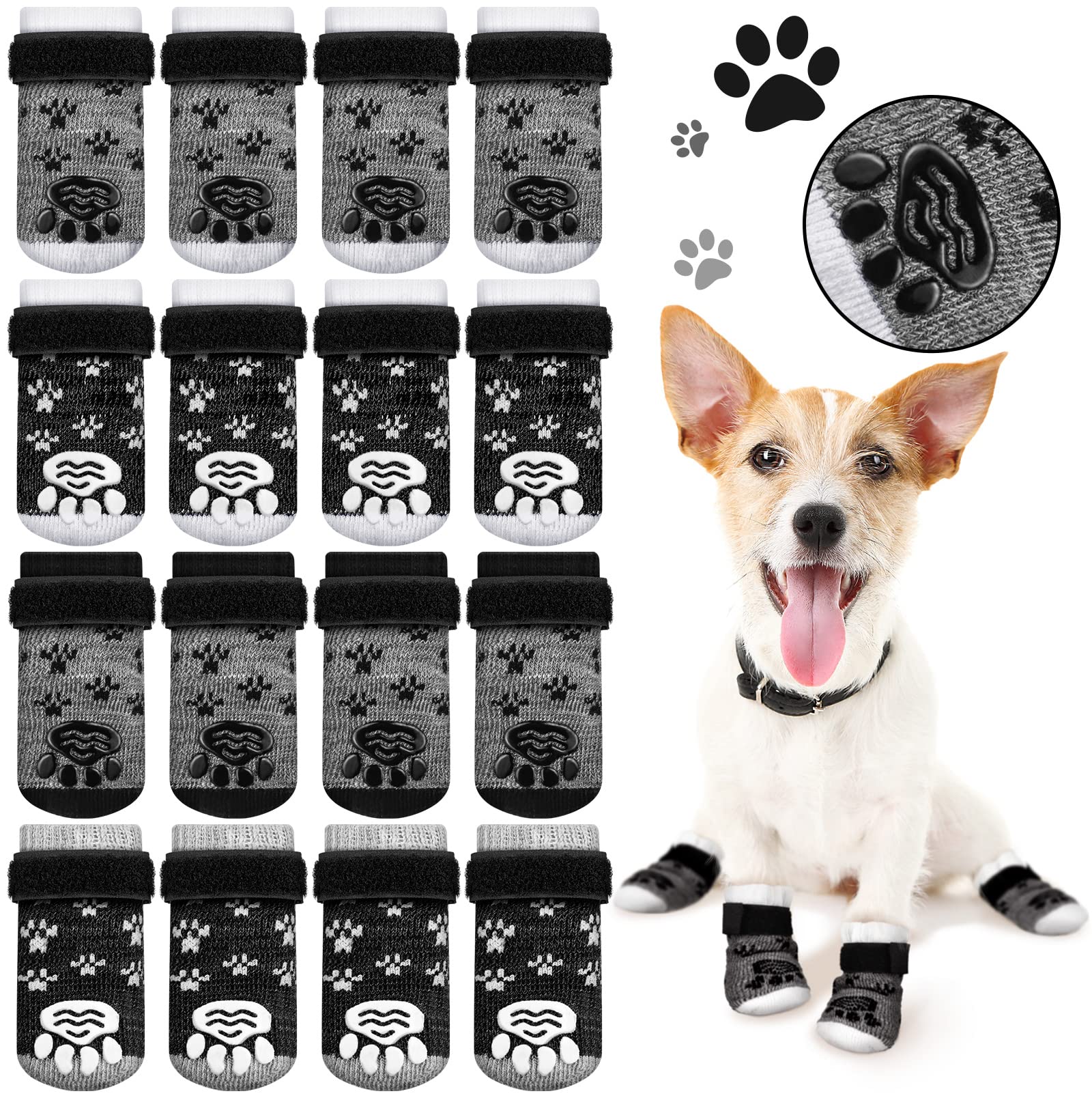 16 Pairs Anti-Slip Dog Socks with Grips for Small & Medium Dogs - Non-Slip Indoor Pet Socks for Hardwood Floors - Perfect for Winter Warmth & Home Protection (X-Small)