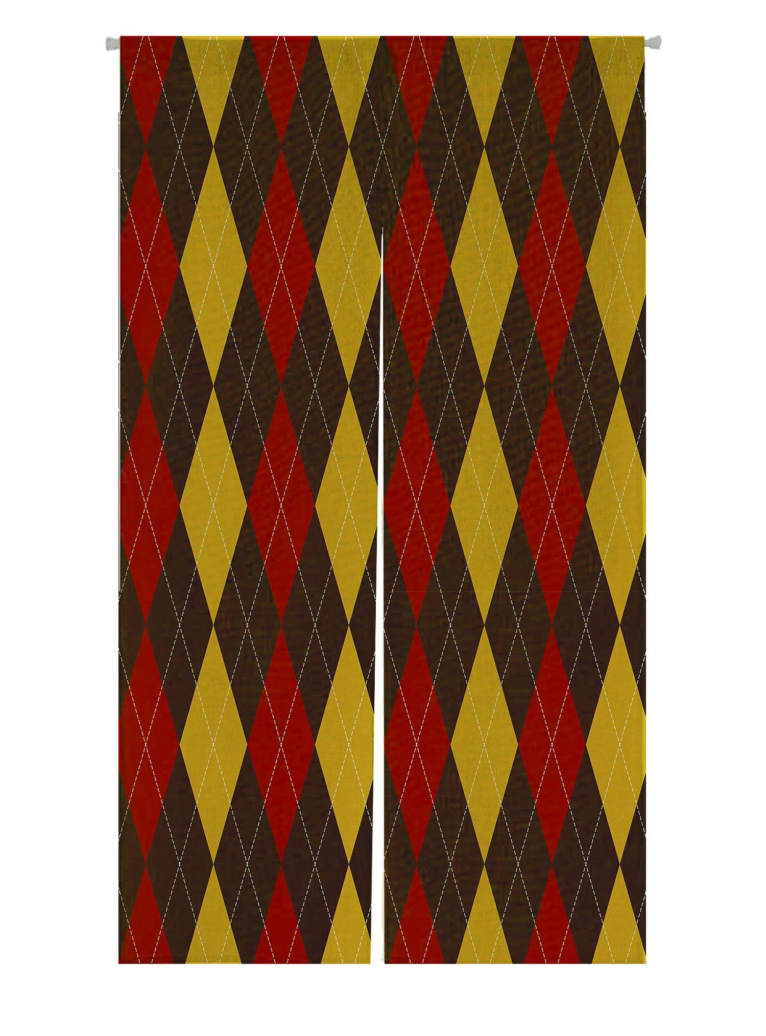 ABPHQTO Brown Red Yellow Argyle Japanese Noren Curtain - Cotton Linen Doorway & Window Treatment (105x120 cm) - Perfect for Entryways, Kitchens & Room Dividers