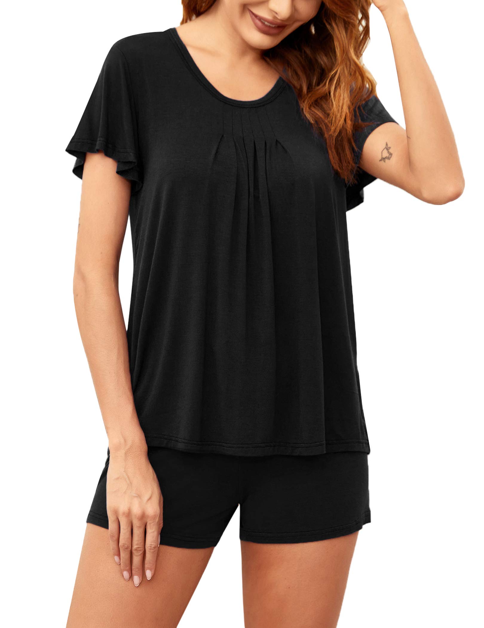 Ekouaer Women's Pajama Set - Flare Short Sleeve Top & Pleated Lounge Shorts 2-Piece Sleepwear for Summer, Nightwear & Loungewear - Soft Comfortable PJ Set for Bedtime, Relaxing at Home or Vacation