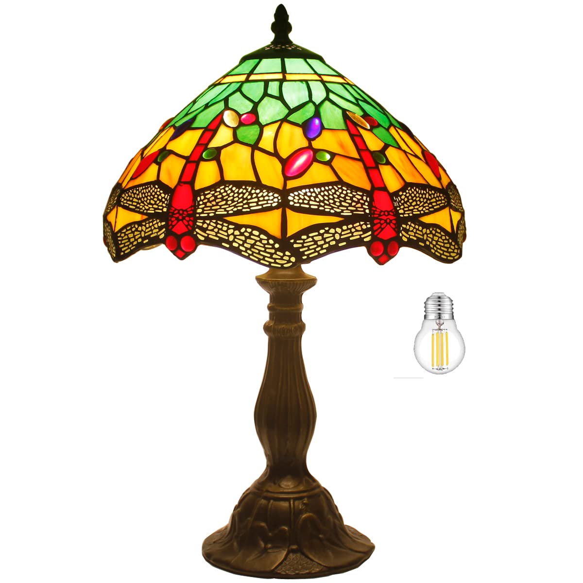 WERFACTORY Tiffany Style Dragonfly Table Lamp - 12x12x18 Inch Stained Glass Bedside Light in Green & Yellow (S009G Series) - Perfect for Bedroom, Living Room, Home Office Decor & Reading