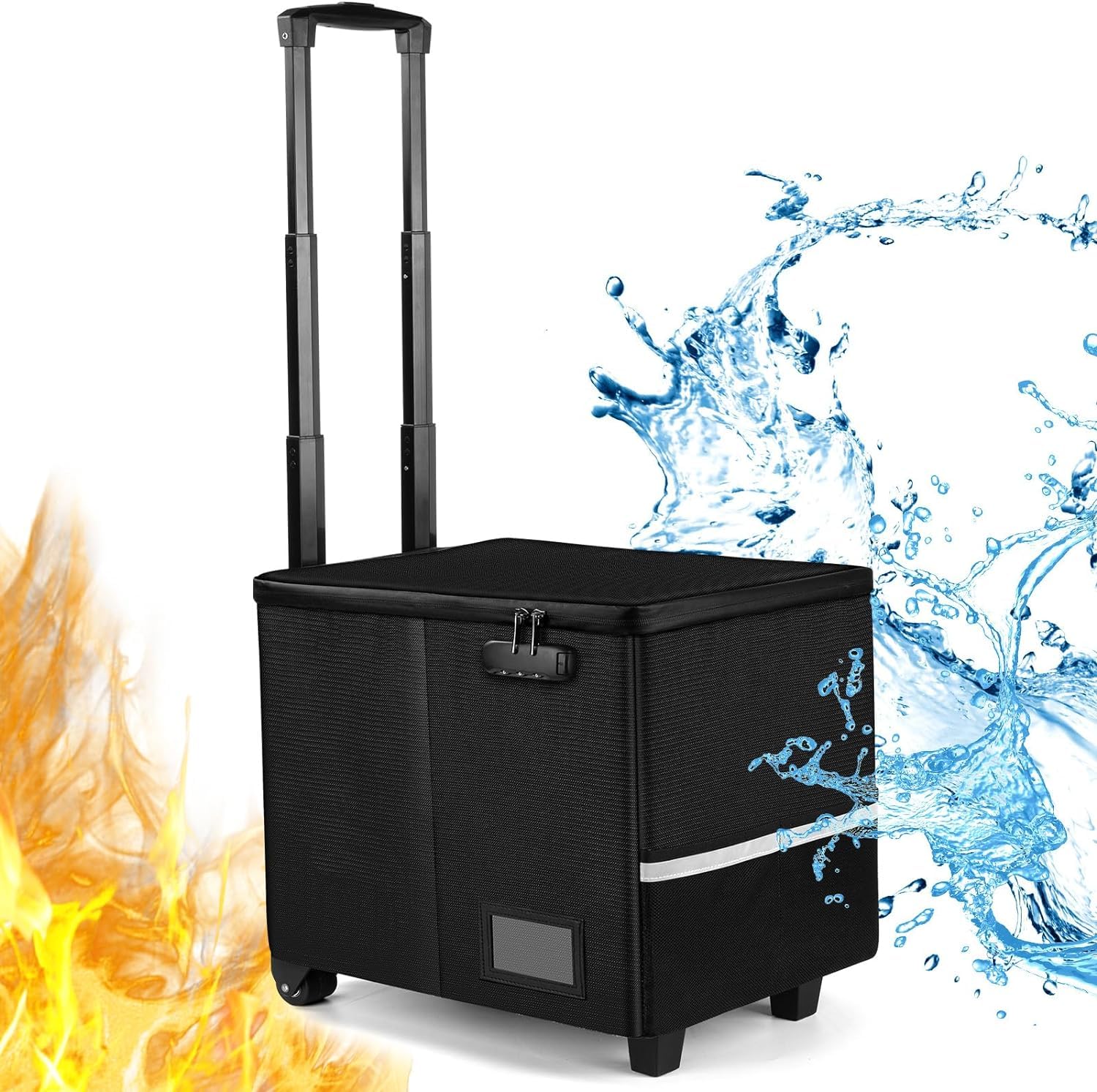 Fireproof Rolling File Box with Wheels & Lock - Portable Collapsible File Storage Cart with Telescopic Handle - Black - Ideal for Office, Home & School Document Organization