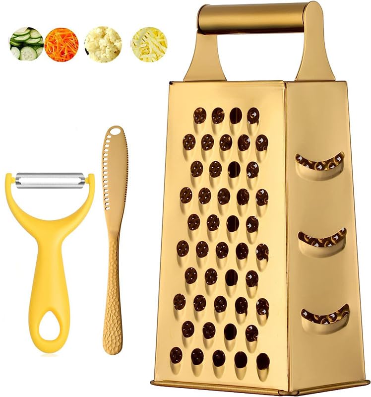Premium Stainless Steel 4-Sided Grater & Slicer with Ergonomic Handle - Multi-Functional Kitchen Tool for Grating Ginger, Garlic, Cheese & Slicing Cucumbers, Carrots, Potatoes - Perfect for Meal Prep, Salad Making & Cooking Accessories (Gold)