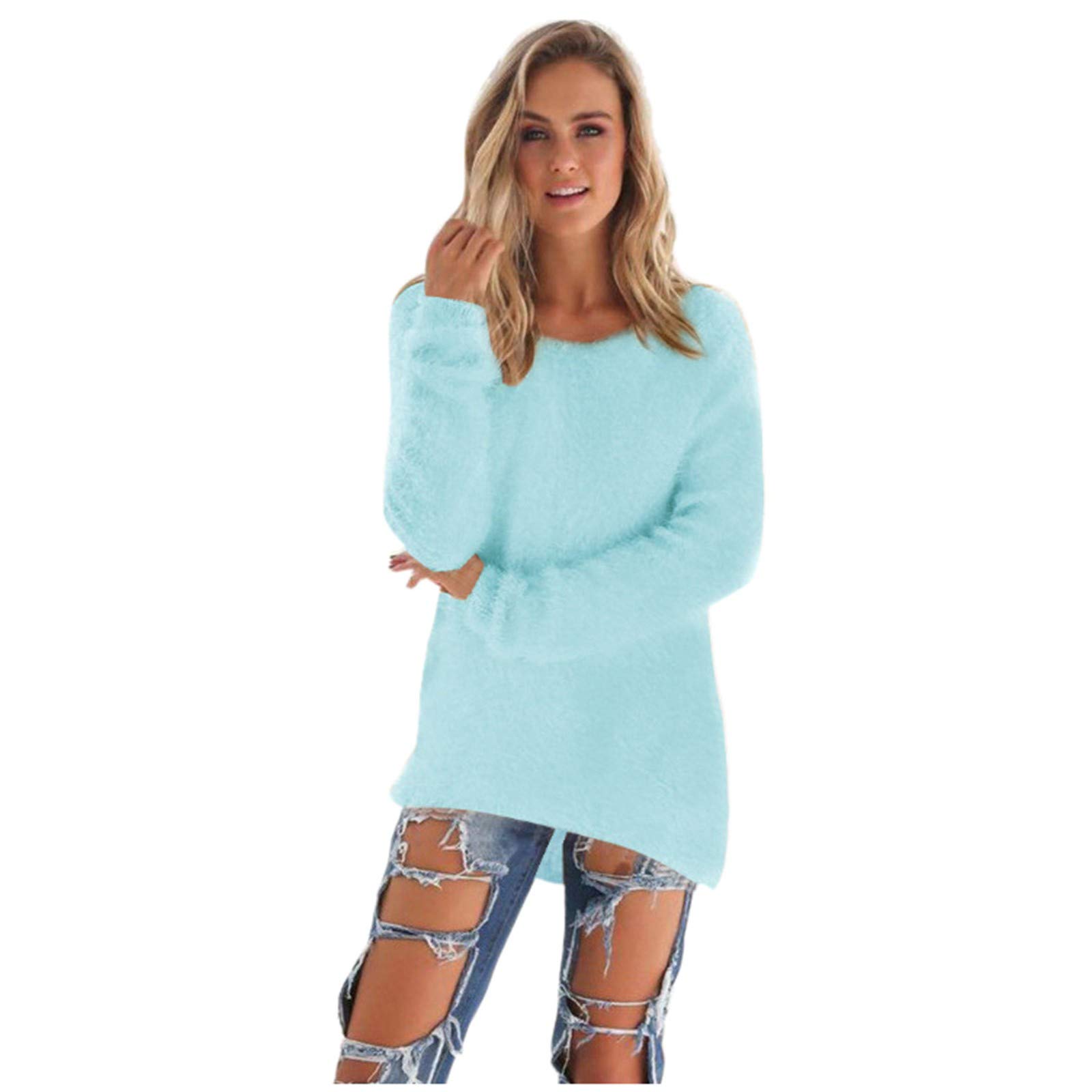 Women's Spring Casual Long Sleeve Crewneck Sweater Top - Soft Fuzzy Blouse Tunic for Work, Date Night & Weekend Outfits