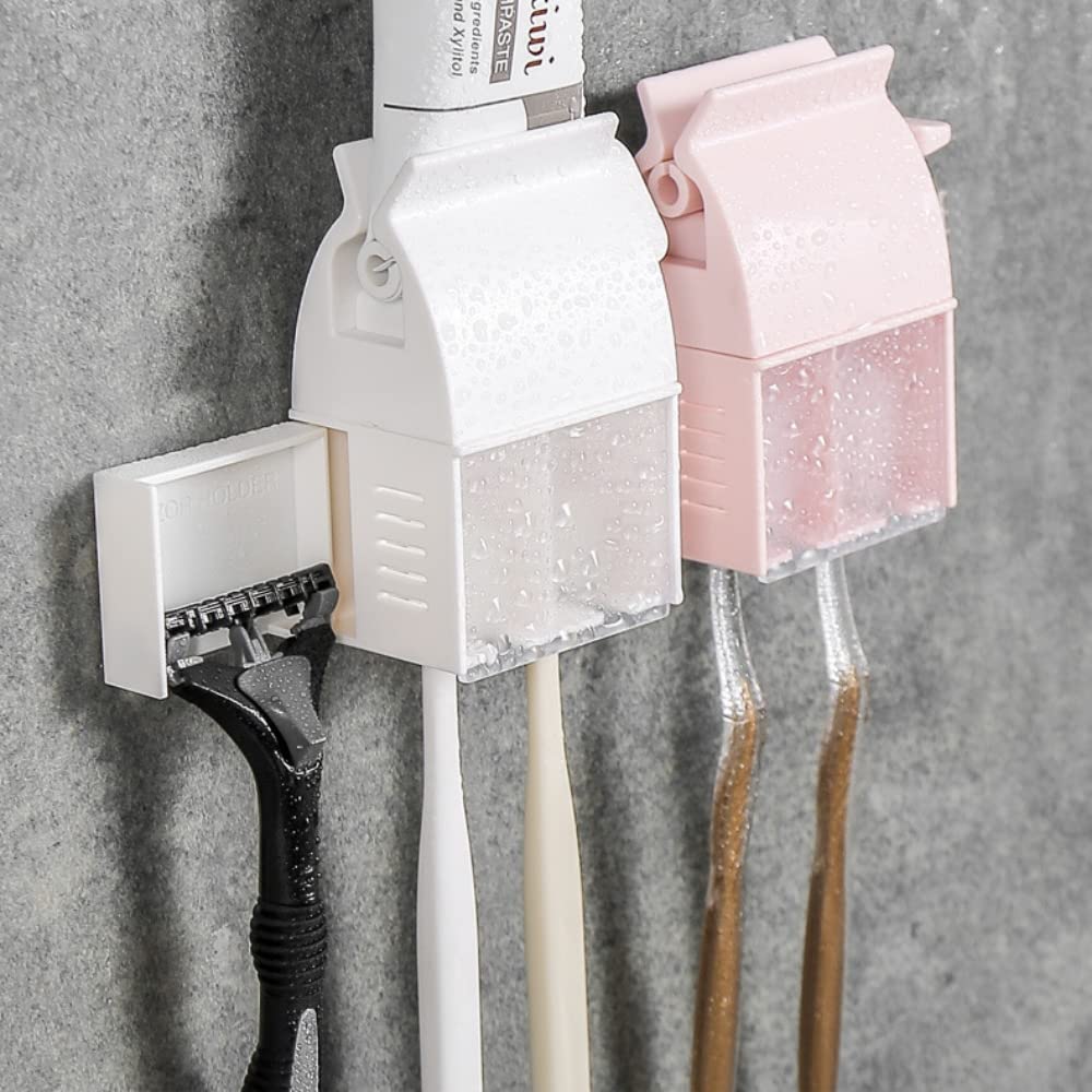 2-Pack Rolling Toothpaste Tube Squeezer Dispenser with Toothbrush & Razor Holder - Plastic Manual Toothpaste Pump Clip - Bathroom Organizer Wall Mount Stand for Efficient Space Saving & Clutter-Free Countertops