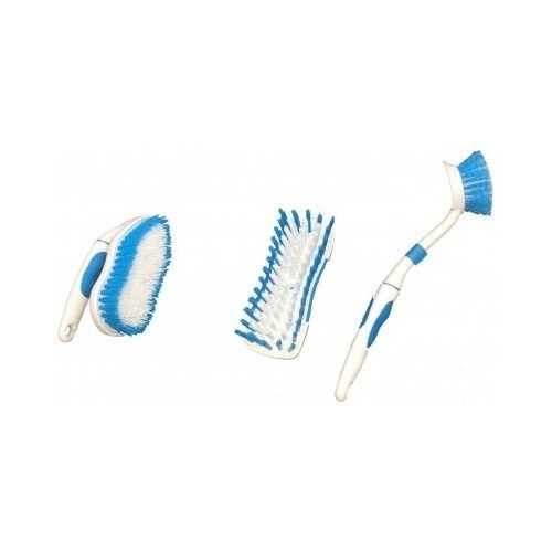 **3-Piece Kitchen Cleaning Brush Set - Dish Brush, Floor Scrub Brush & Plastic Scrubber (White & Blue) - Heavy-Duty Cleaning Supplies for Kitchen, Bathroom & Household Chores**