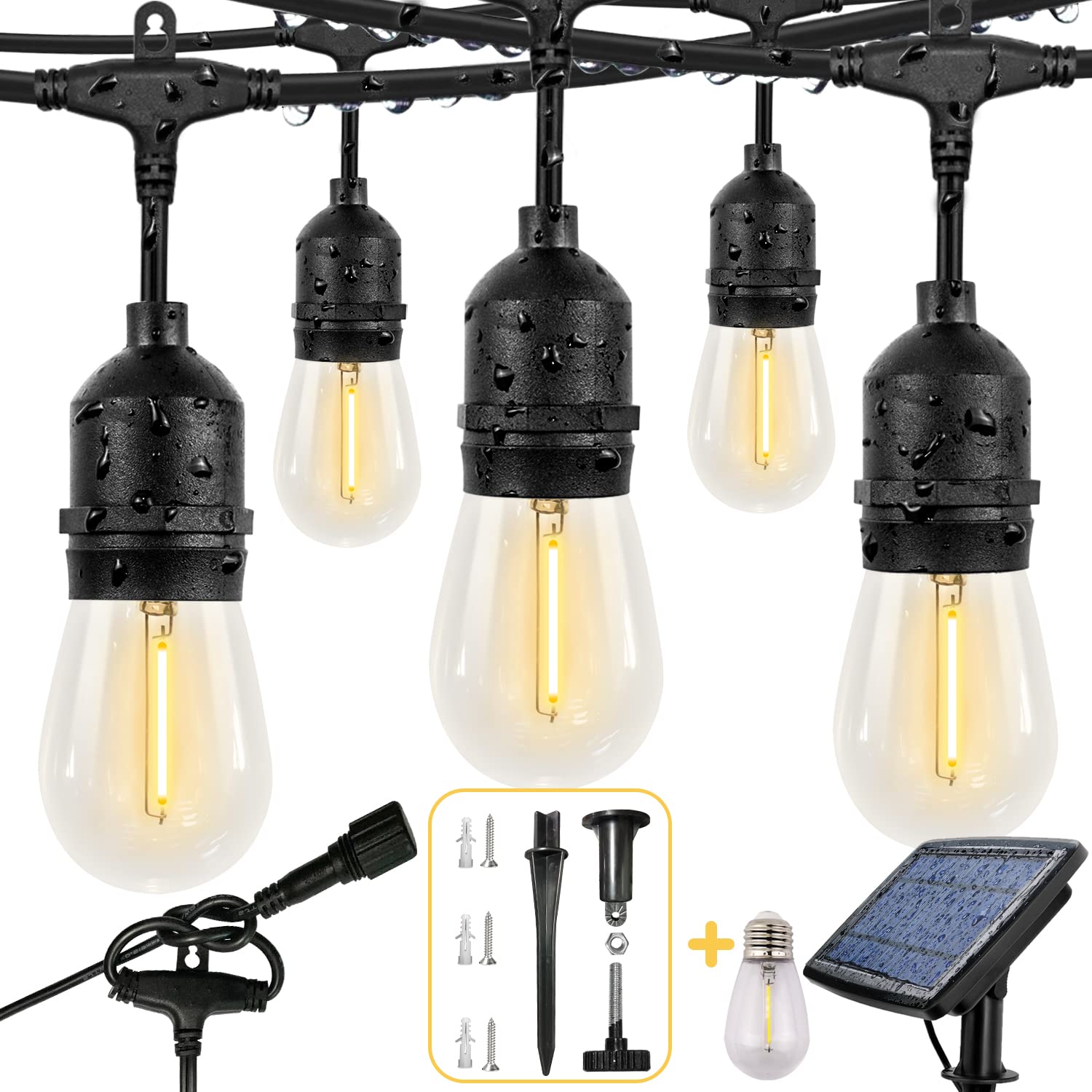 GALLIA 24FT Solar Powered Outdoor String Lights - 8 Warm White LED Bulbs, Shatterproof & Waterproof, Long Battery Life - Perfect for Patio, Backyard, Garden, Porch Decor, Wedding & Party Lighting