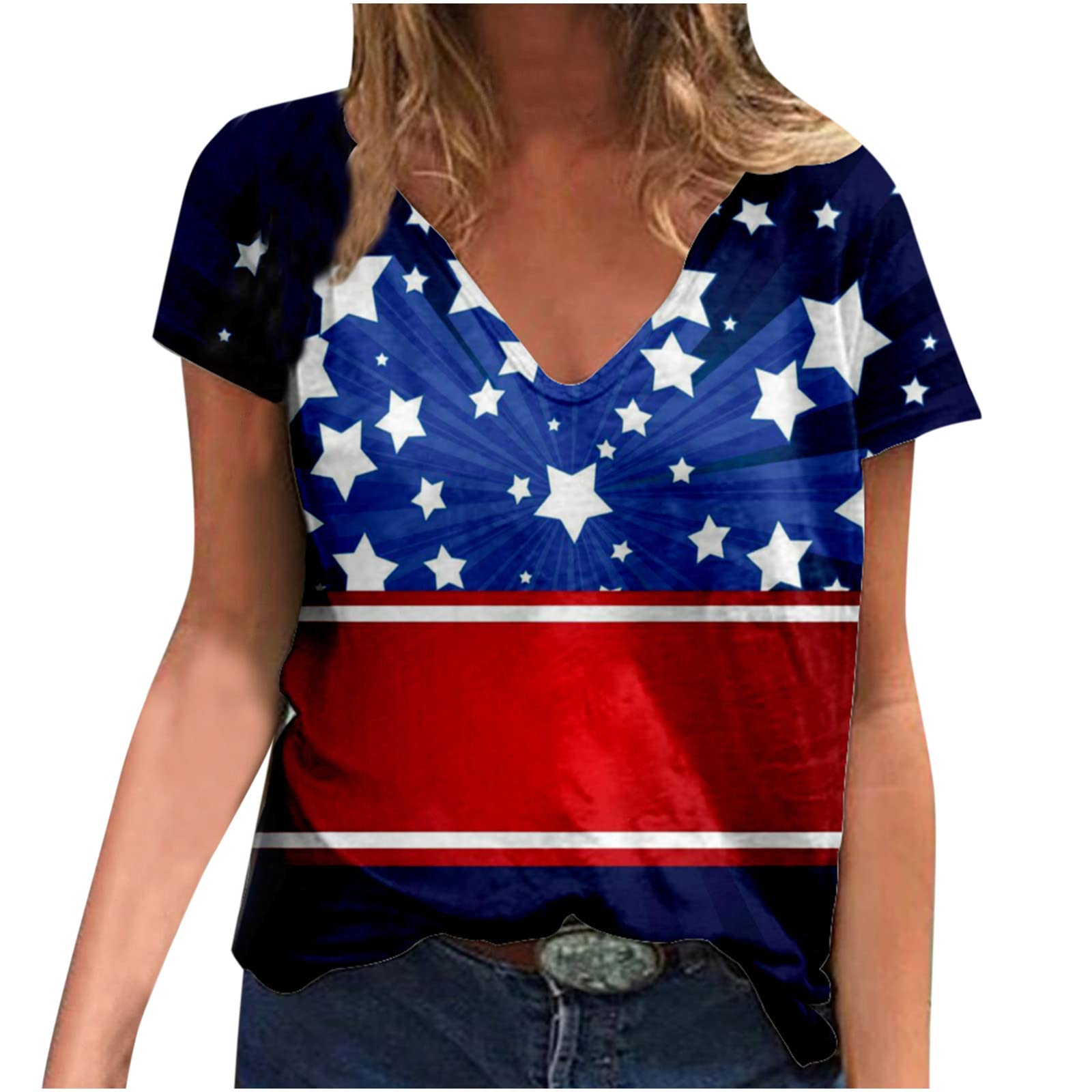 4th of July Women's USA Flag Printed V-Neck Short Sleeve T-Shirt - Cute Patriotic Loose Tunic Top for Independence Day Celebrations & Summer Outfits