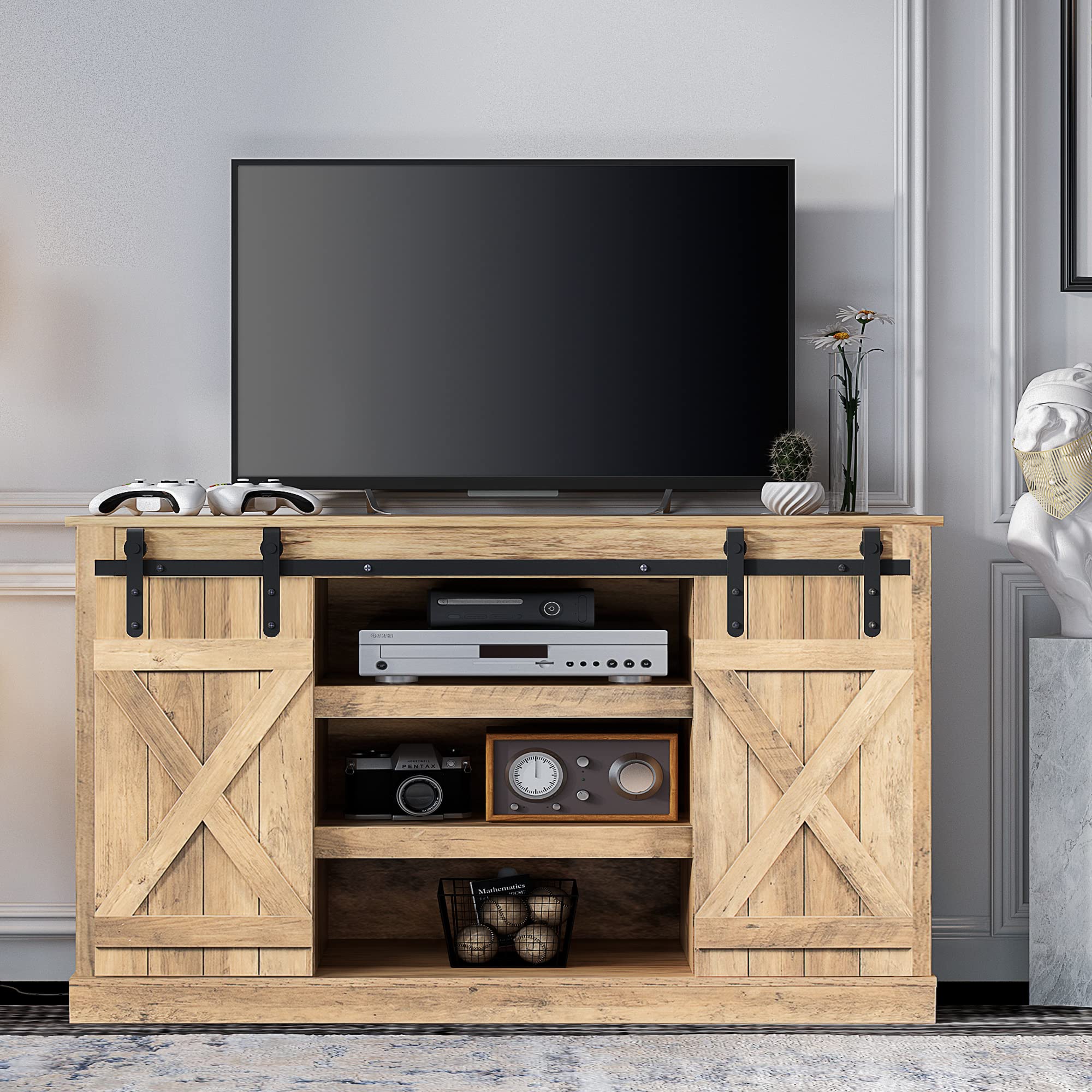 Boloni Farmhouse Bar Cabinet with Sliding Barn Door - Rustic Wood TV Stand for 65 Inch TV, Entertainment Console & Sideboard for Living Room, Bedroom - Light Brown - Perfect for Home Decor, Wine Storage & Media Organization