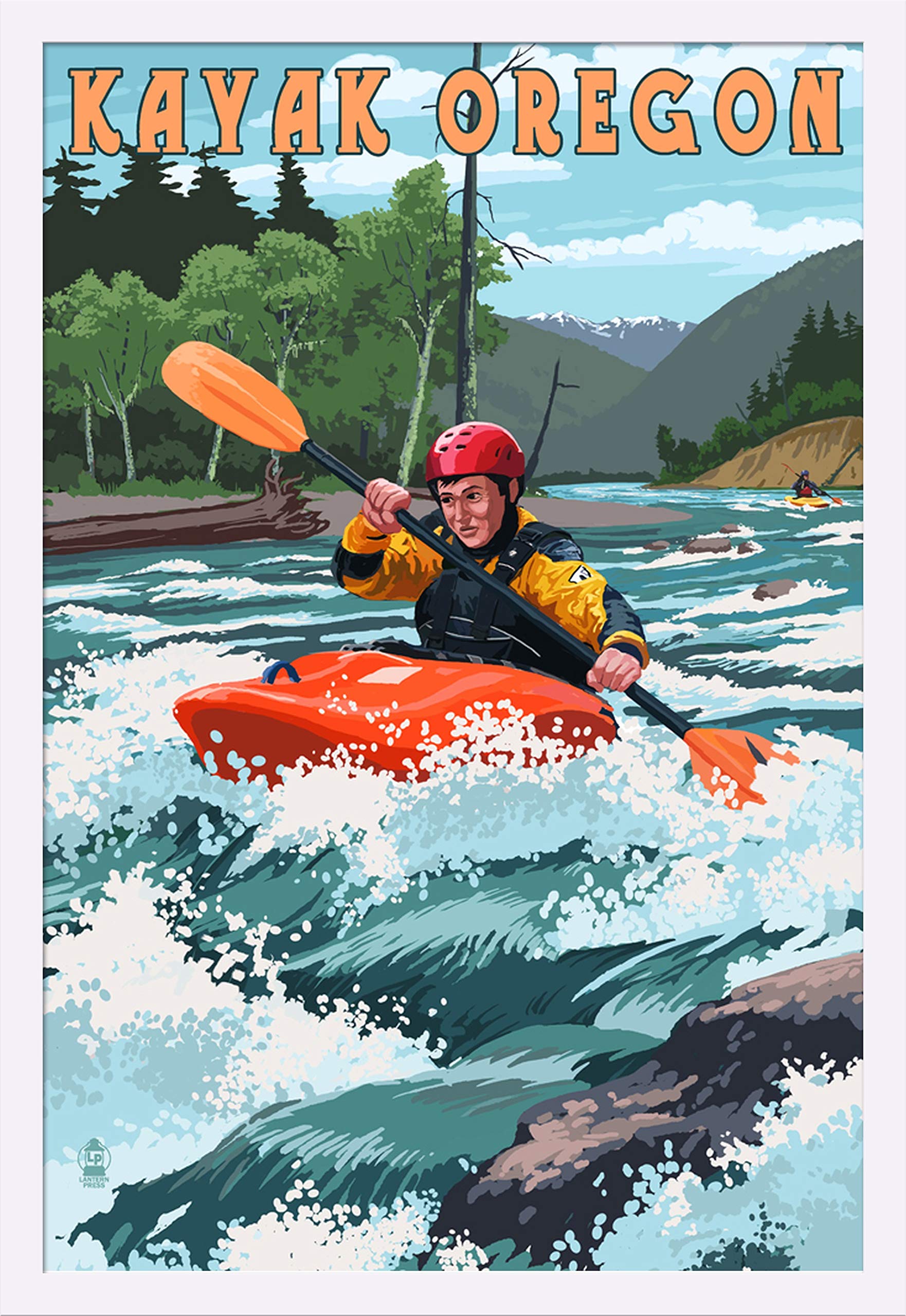 Kayak Oregon River Scene 45960 - 24x36 Giclee Art Print with White Wood Gallery Frame - Wall Decor for Living Room, Bedroom & Office