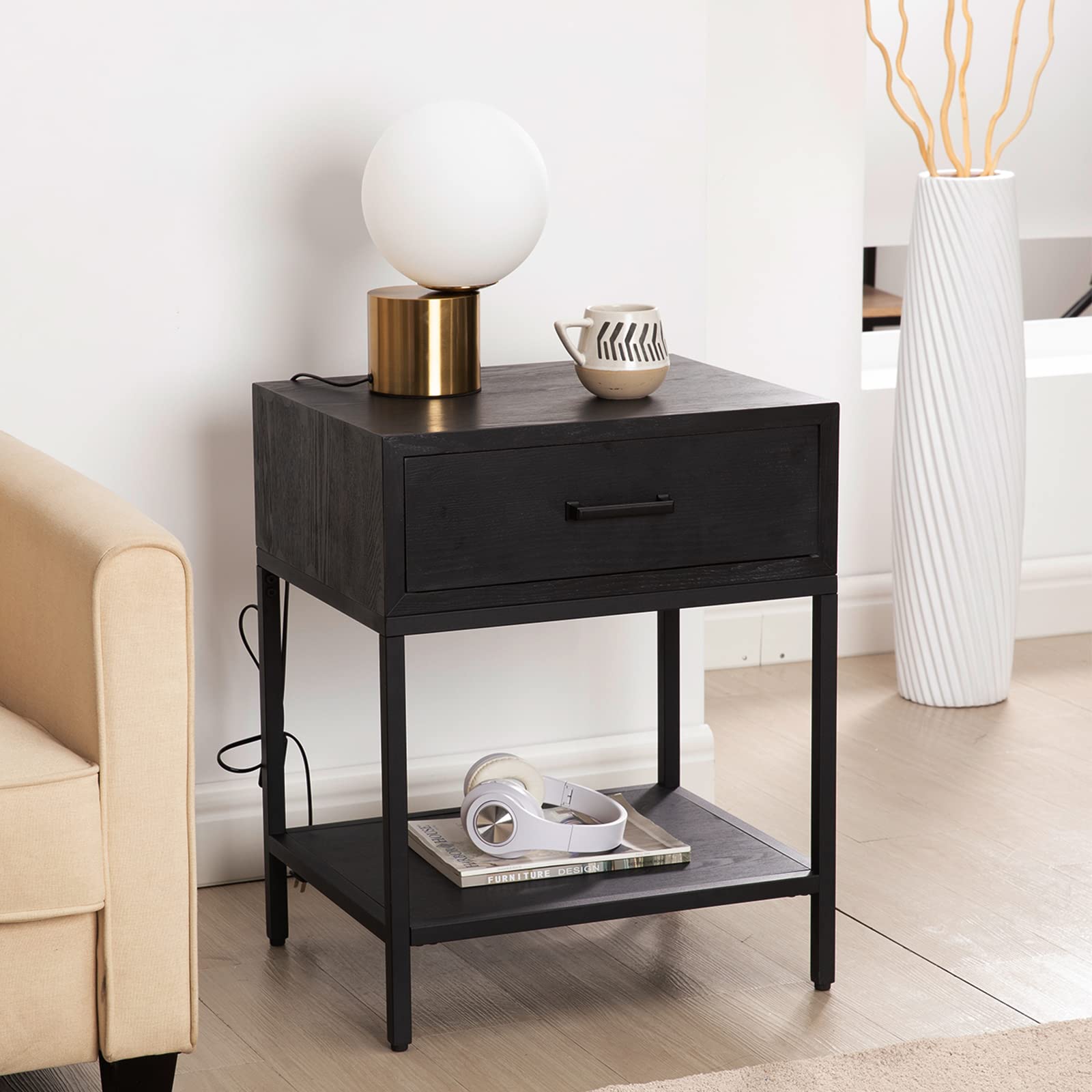 Modern Nightstand with Drawer - Versatile Bedside Table for Bedroom & Living Room, Black End Table with Storage Shelf, Easy Assembly Cabinet for Home Decor | Perfect for Reading Lamps, Alarm Clocks & Bedside Storage