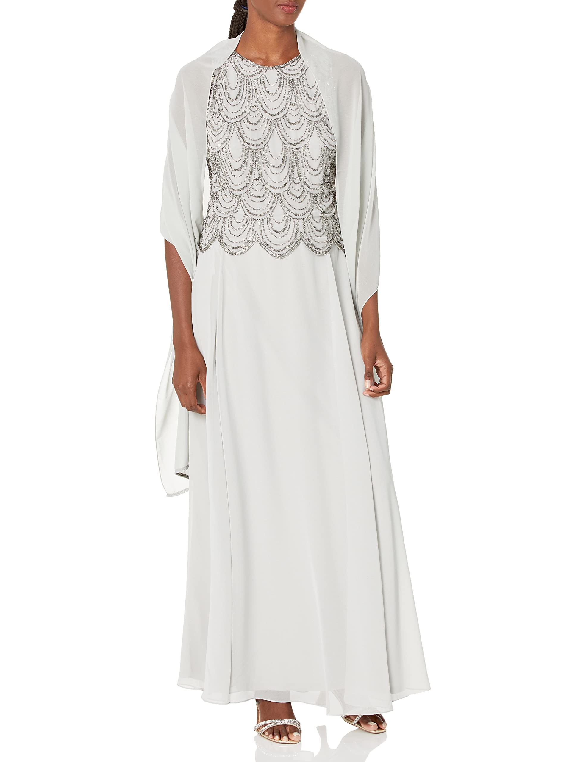 J Kara Women's Elegant Sleeveless Beaded Maxi Dress with Detachable Scarf - Perfect for Summer Weddings, Beach Vacations & Evening Parties