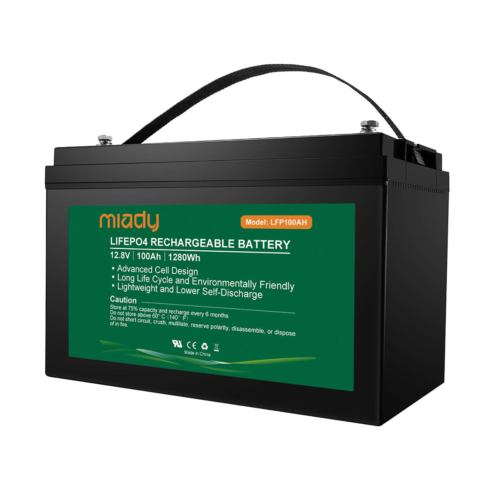 Miady 12V 100Ah LiFePO4 Lithium Battery - 2000+ Deep Cycles, Built-in BMS - Perfect for Solar Power Systems, RV, Marine & Electric Vehicles - Ideal for Off-Grid Living, Camping & Backup Power Solutions