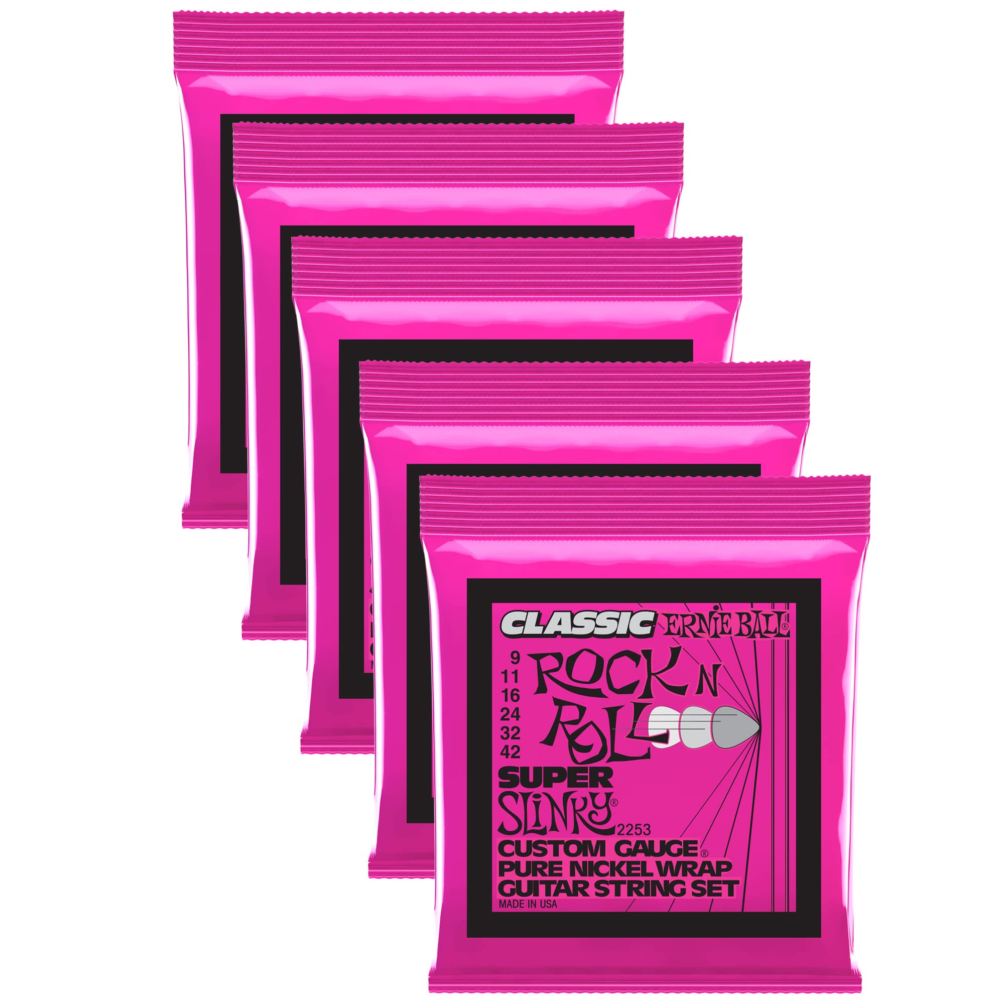 5-Pack Ernie Ball 2253 Super Slinky Pure Nickel Electric Guitar Strings 9-42 Gauge - Perfect for Rock, Blues & Studio Recording