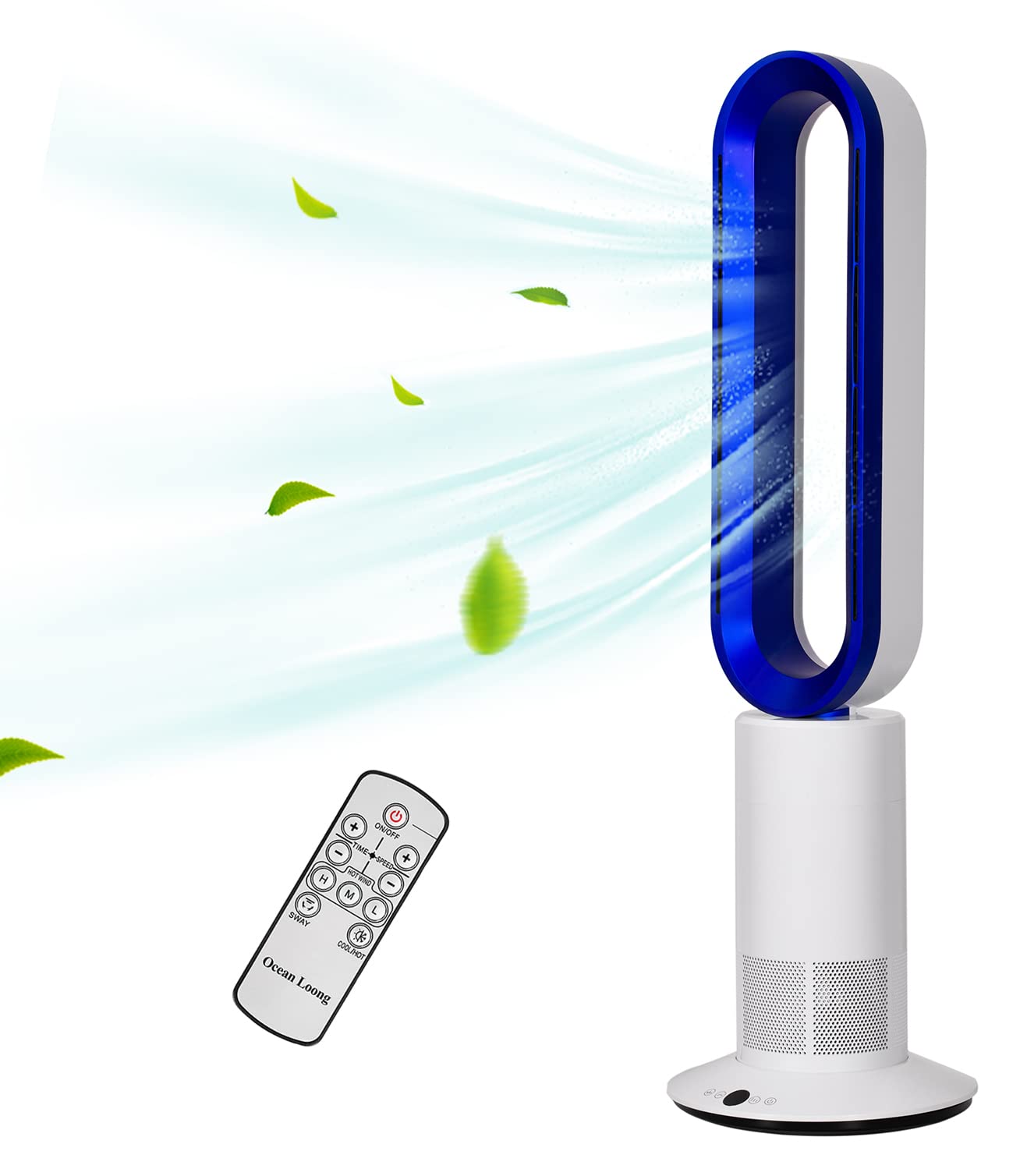 1950W Ceramic Heater Fan with Remote Control - 33.5 Inch Electric Space Heater & Bladeless Oscillating Fan - 10 Speed Settings, 9-Hour Timer, 120° Oscillation - Overheat & Tip-Over Protection - White & Blue - Perfect for Bedroom, Office, and Home Use