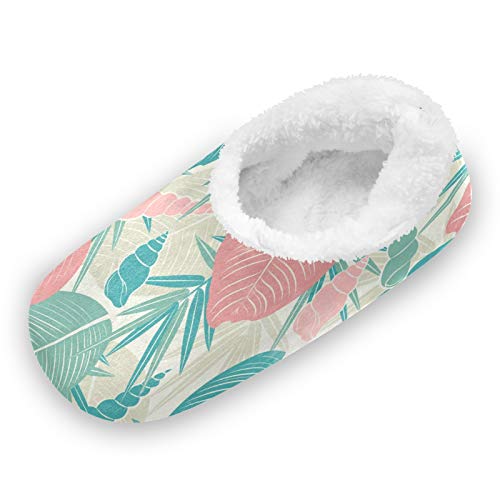 Women's Tropical Leaves Fuzzy Feet Slippers - Cozy Coral Fleece-Lined House Shoes for Indoor Comfort | Perfect for Lounge, Spa Days & Winter Warmth