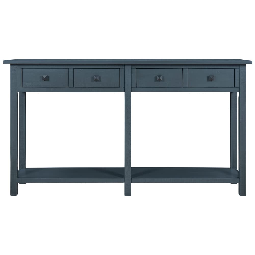 Rustic Wood Console Table with Storage Drawers & Bottom Shelf - Sofa Table, Entryway Table, Long Accent Table for Living Room - Antique Navy Finish - Perfect for Hallway, Foyer & Home Decor Storage Solution