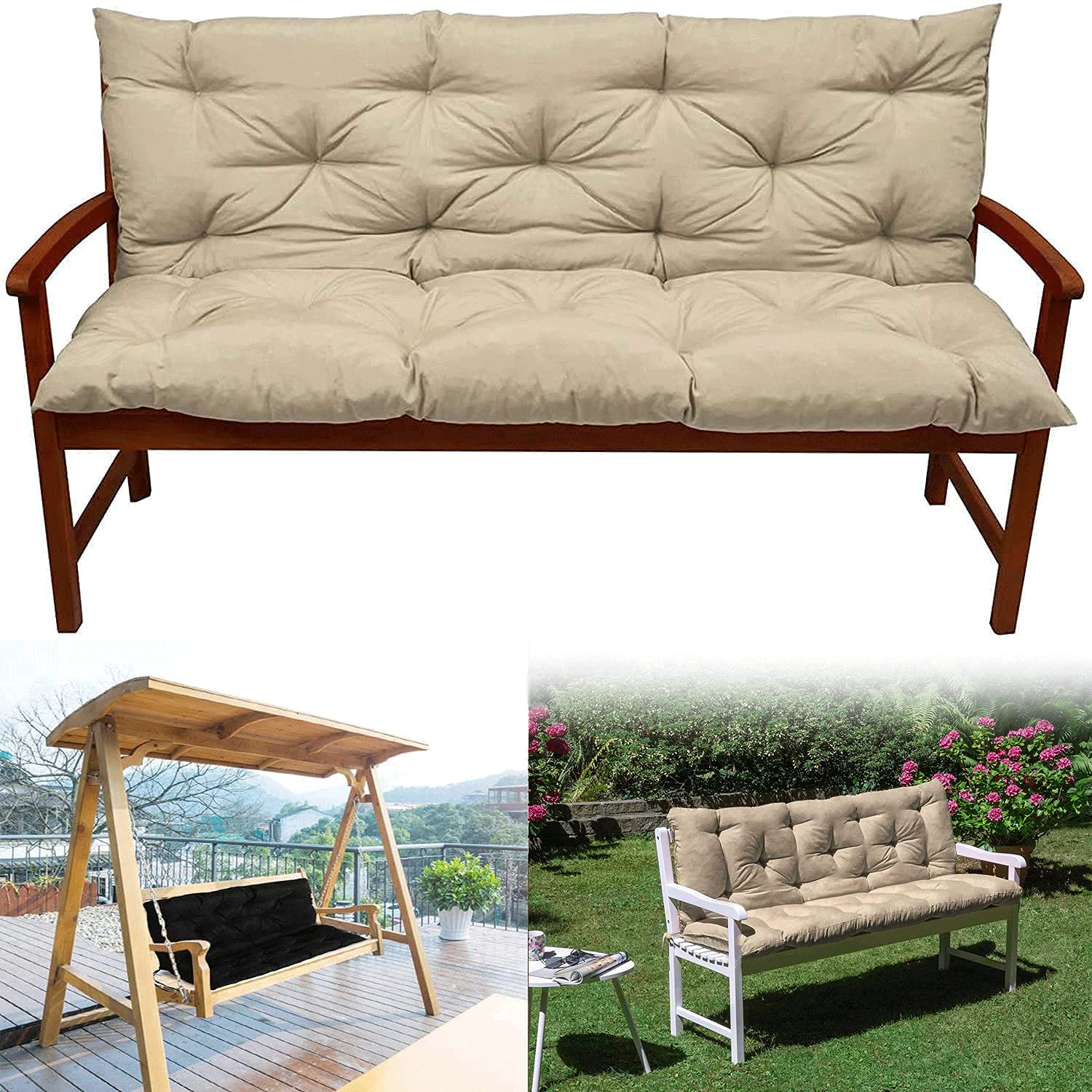 Outdoor/Indoor Bench Cushion with Backrest - 2 or 3 Seater Garden Swing Chair Cushion Set, Soft Thick Comfortable Bench Pads with Pillow - Replacement Seat Mat for Patio, Deck, Porch (Khaki, 47.25x39.37 Inches) - Perfect for Lounging, Relaxing & Outdoor Entertaining