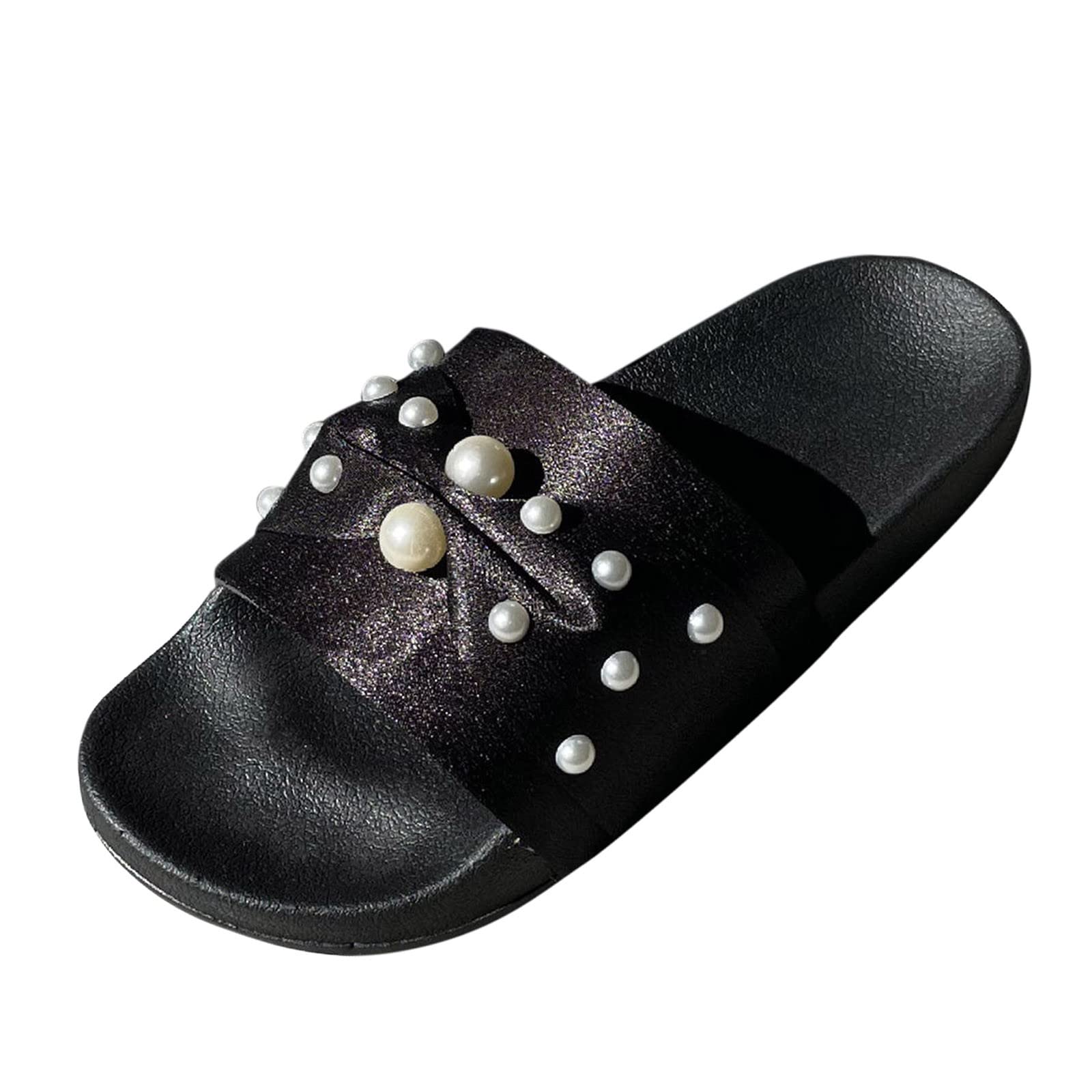 Women's Summer Slippers with Pearl Accents - Comfortable Flat Bottom Beach Shoes for Spring & Summer - Closed Back House Slippers for Women (Size S) | Perfect for Indoor Lounging, Beach Vacations & Spa Days