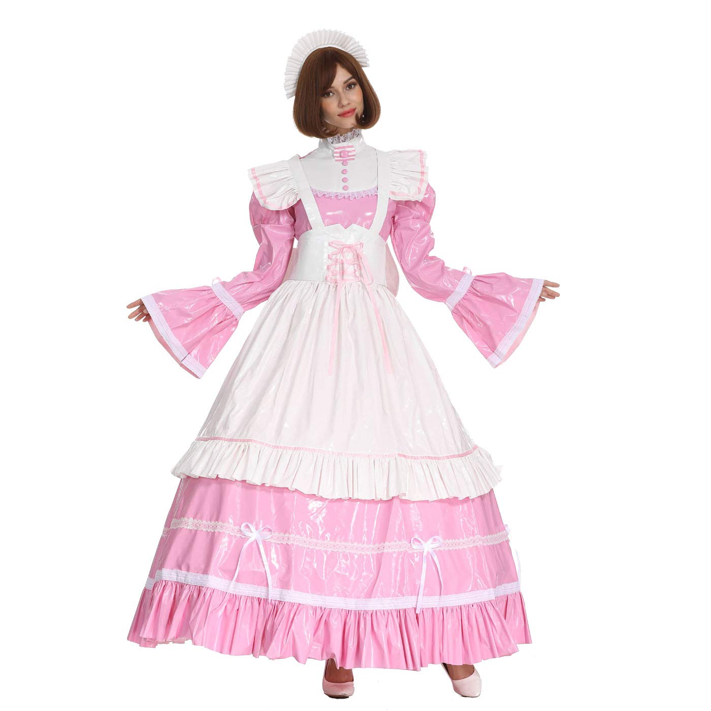 GOceBaby Women's French Maid Gothic Costume - Long Pink PVC Dress with Lockable Design & Loose Sleeves | Crossdressing, Cosplay, Halloween Party Outfit