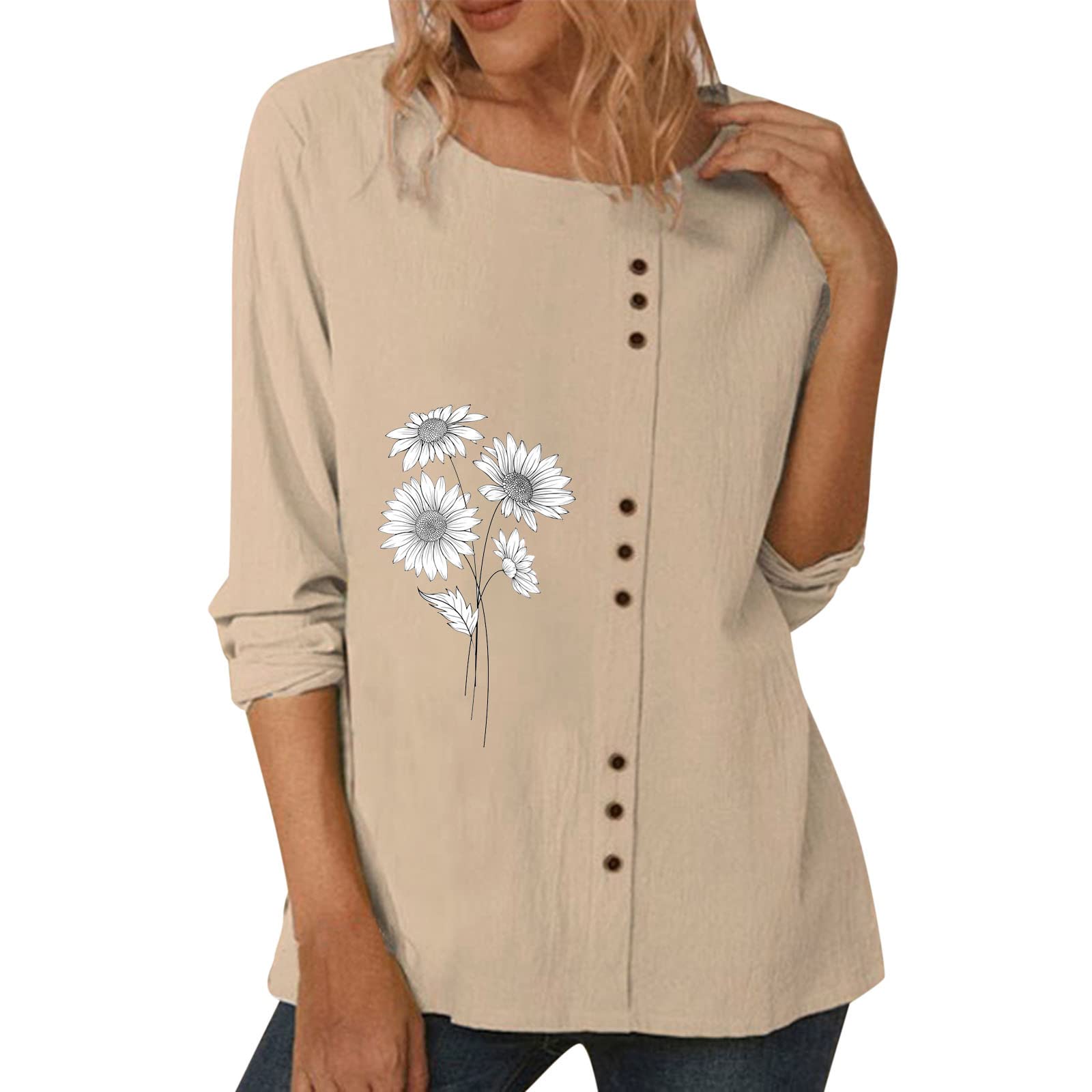 UOKNICE Women's Cotton Linen T-Shirts - Long Sleeve Printed Blouse for Spring & Fall | Casual Fashion Top for Work, Date Night & Everyday Wear