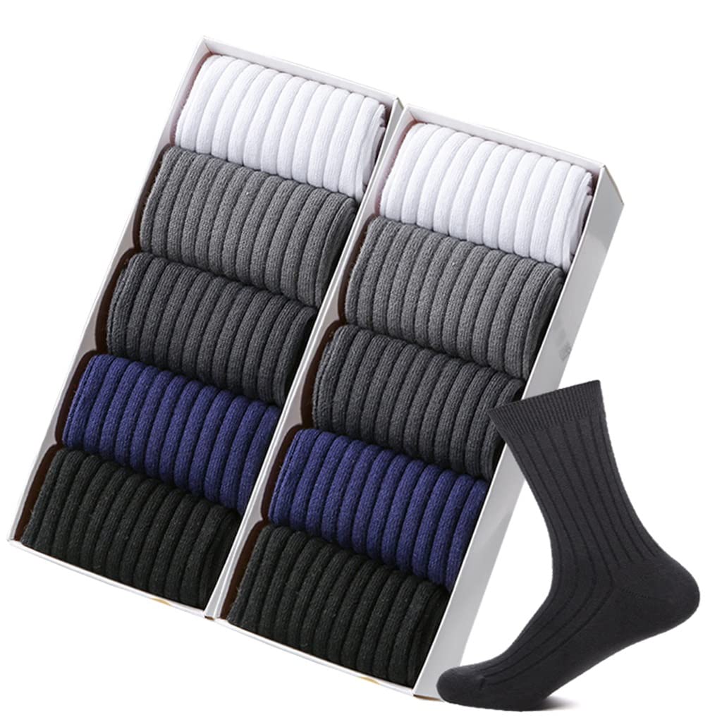 10 Pairs Men's Cotton Breathable Striped Business Casual Socks - Black & White Long Socks for Work & Daily Wear - Double Needle Stitching for Durability (One Size)