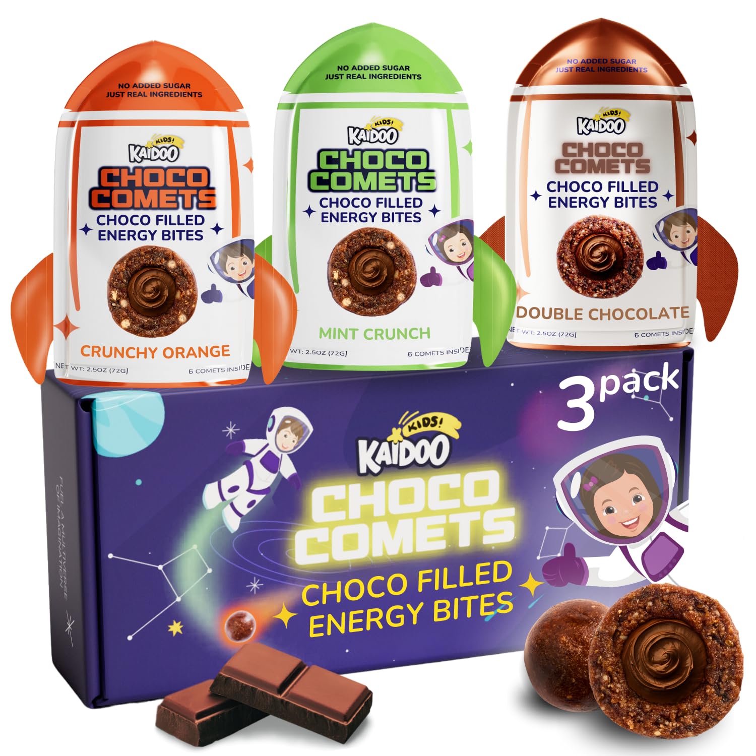 Kaidoo Kids Choco Comets Variety Pack - 3 Flavors (Double Chocolate, Orange, Mint) | High Protein & Fiber Chocolate Filled Snack Bites | No Added Sugar, Dye-Free | Perfect for School Lunches, After-School Snacks & Kids' Parties
