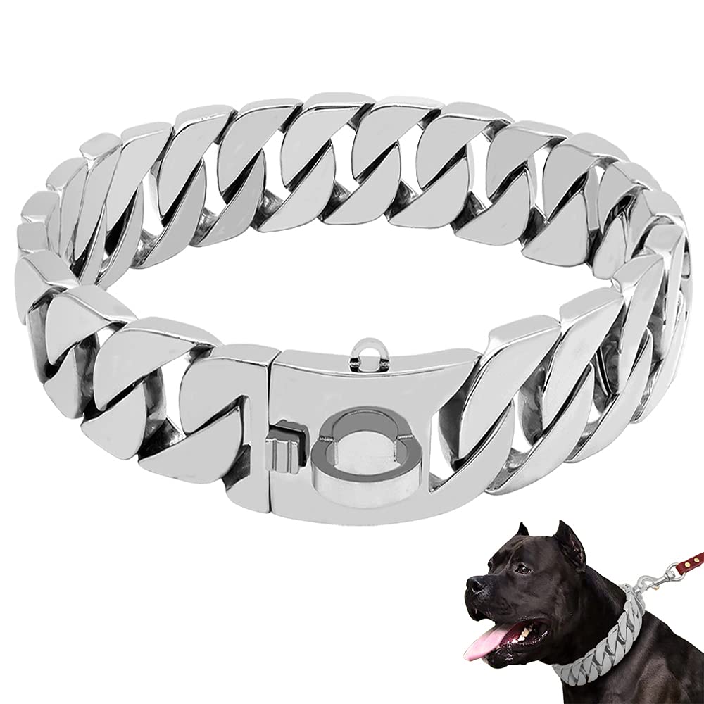 Premium 30MM Heavy-Duty Stainless Steel Cuban Link Dog Collar - Luxury Gold/Silver Choke Chain for Large Breed Dogs (50CM/19.5in) - Durable Training Collar for Pitbulls, German Shepherds & Rottweilers - Perfect for Walking, Training & Outdoor Adventures