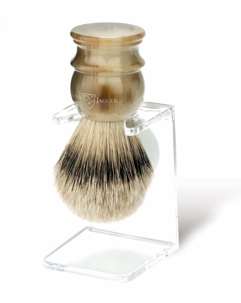 Premium Edwin Jagger Large Silver Tip Badger Hair Shaving Brush with Drip Stand (Imitation Light Horn) - Luxury Wet Shaving Essential for Men's Grooming Routine
