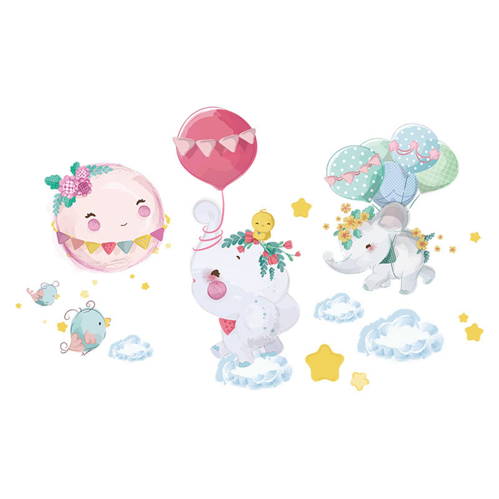 Little Elephant Balloon Round Bird Wall Decals - Cute Nursery, Living Room, Porch & Dining Room Decor - Perfect for Kids' Bedroom, Home Wall Stickers & Playroom Decorations