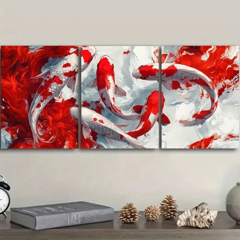 3-Piece Red and White Koi Fish Metal Wall Art Prints - Ready to Hang Home Decor for Living Room, Bedroom or Office