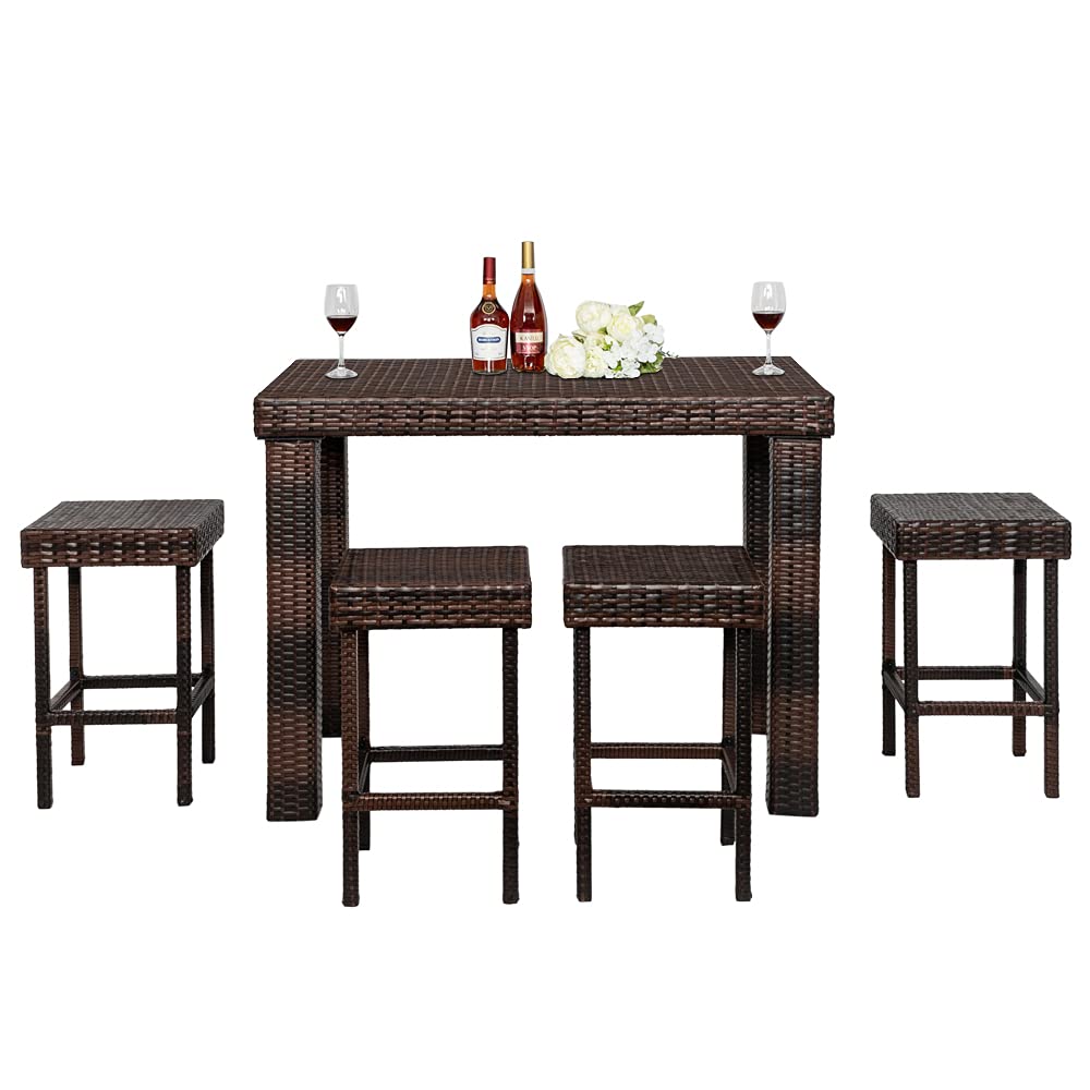 HomVent 5-Piece Outdoor Wicker Bar Table Set with 4 Rattan Stools - Brown Patio Furniture for Backyard, Porch, Garden & Poolside - Perfect for Entertaining, Relaxing & Outdoor Dining (Style 2)
