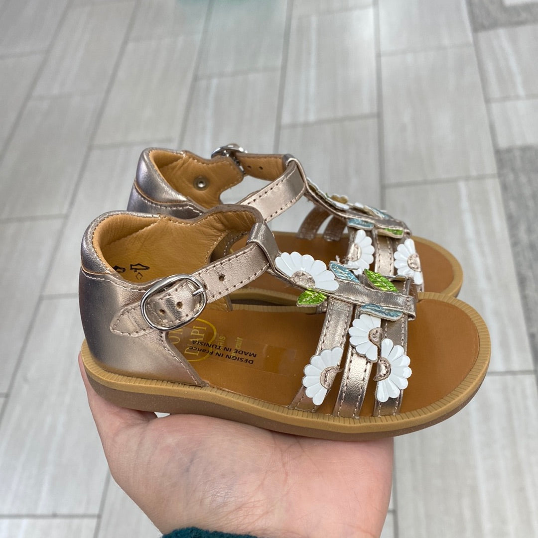 Pom D'Api Champagne Flower Baby Sandals for Girls - Comfortable First Walkers with Floral Design - Perfect for Weddings, Parties & Special Occasions