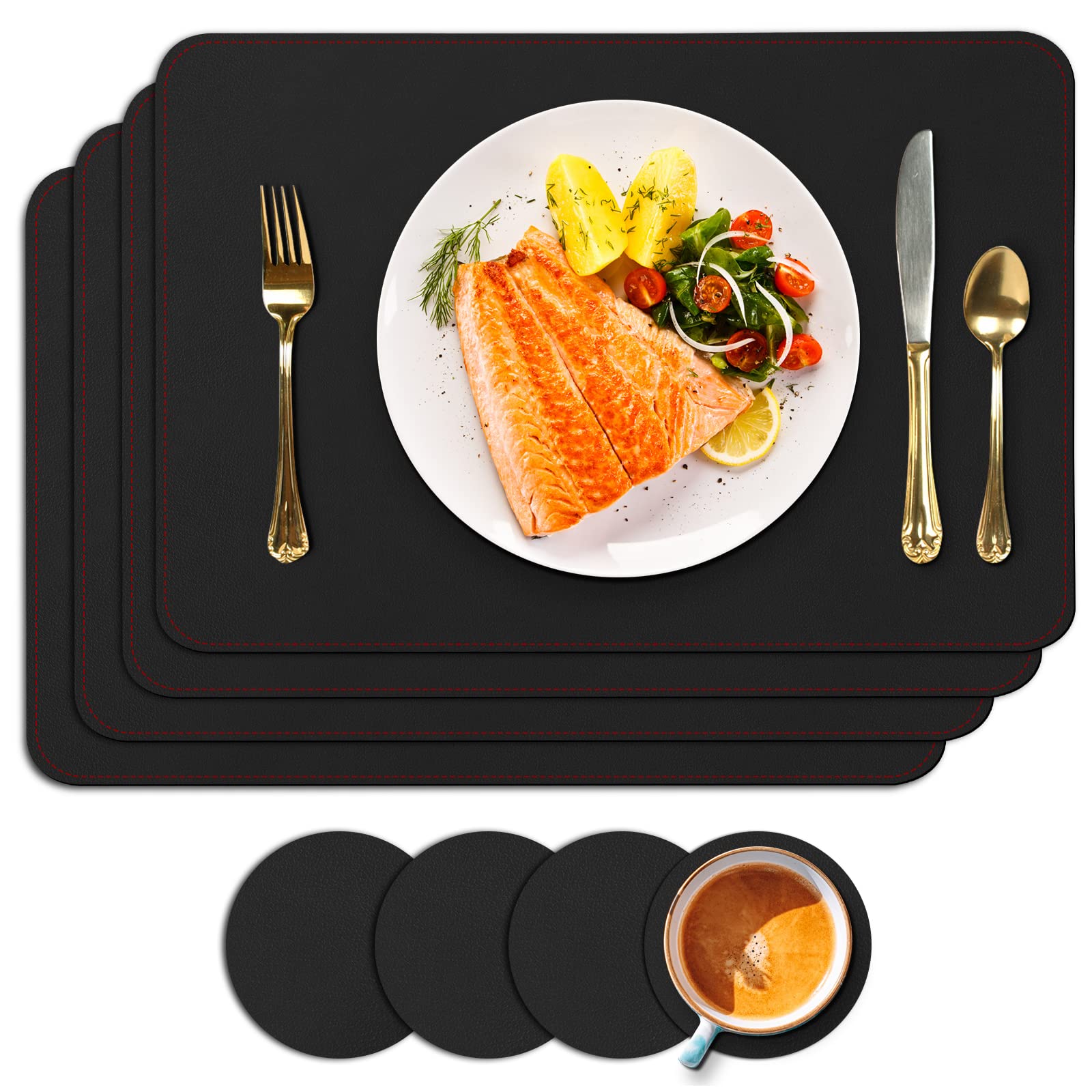 4-Pack Non-Slip Heat Resistant Placemats Set with Coasters - Washable & Wipeable Kitchen Table Mats for Dining Room Decor & Protection (Black) - Perfect for Family Dinners, Holiday Gatherings & Daily Use