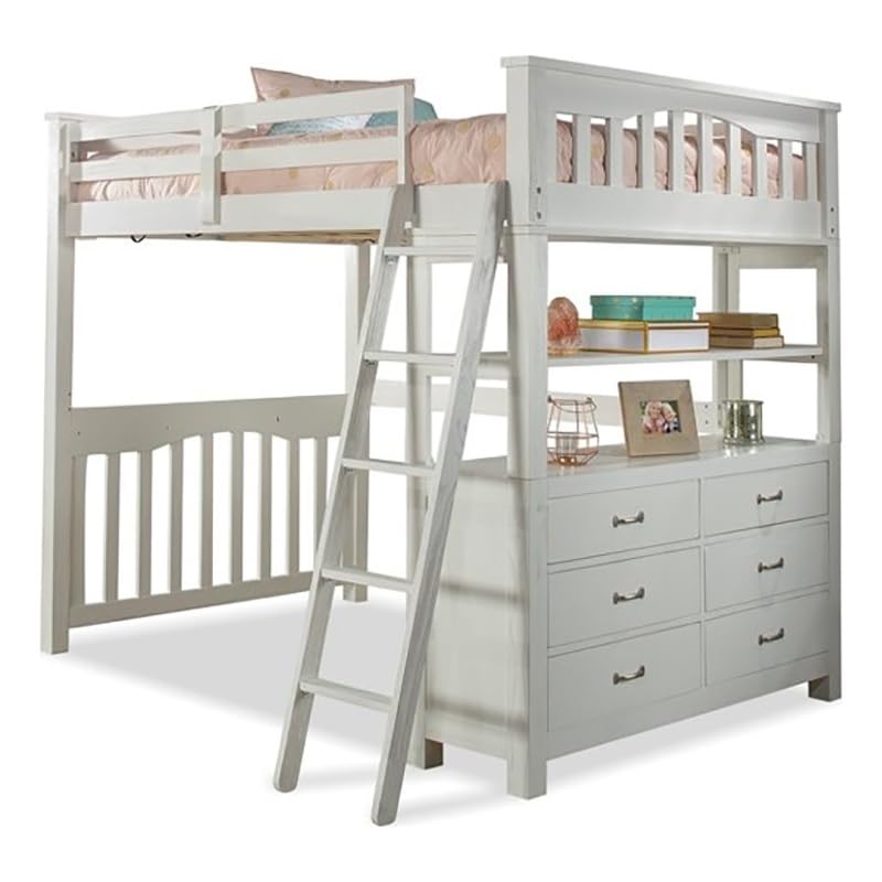 Modern White Wood Full Loft Bed with Hanging Nightstand - Space-Saving Furniture for Small Bedrooms, Dorms & Kids Rooms | Pemberly Row Collection