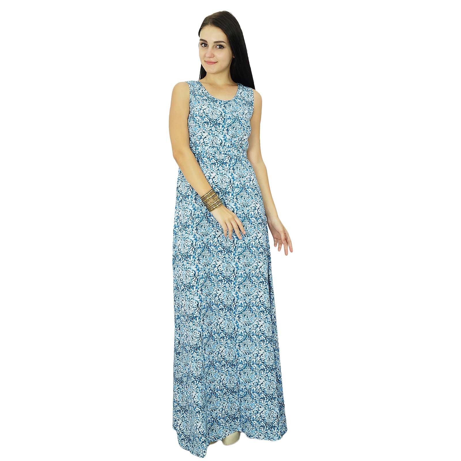 Bimba Women's Printed Sleeveless Rayon Maxi Dress - Casual Summer Beach Long Dress in Blue | Perfect for Vacations, Pool Parties & Boho Outfits