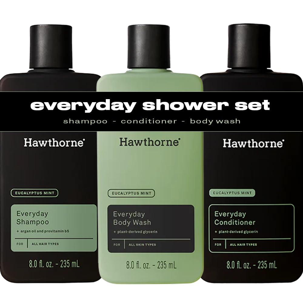 Hawthorne Everyday Shower Starter Set - Natural Eucalyptus Mint Shampoo, Conditioner & Body Wash (8 Fl Oz Each) for Daily Freshness | Hydrating Hair & Skin Care Routine | Perfect for Home, Gym & Travel Use