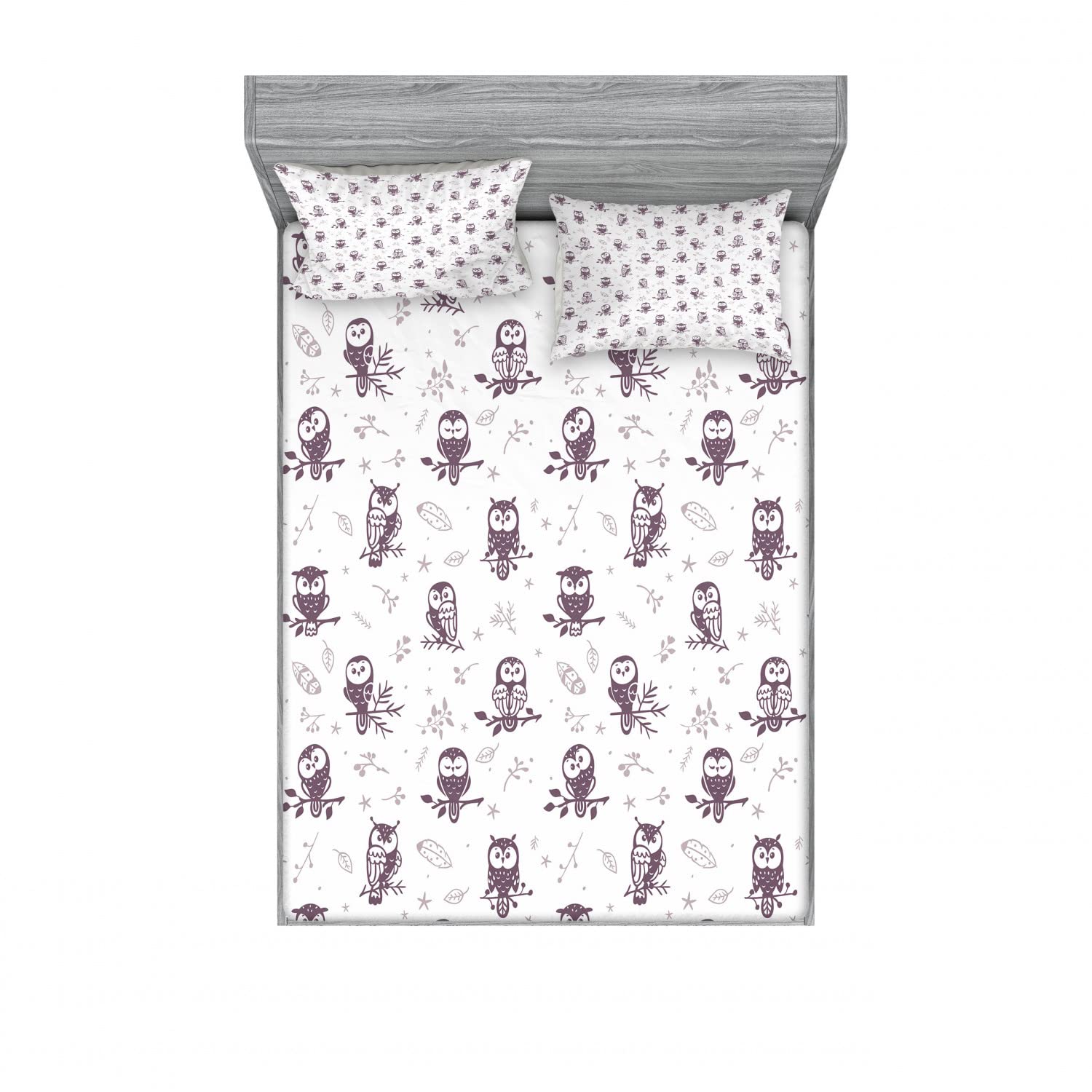 Ambesonne 2-Pack Owl Print Fitted Sheet & Pillow Sham Set - Branch Design 4-Piece Bedding Decor (Includes 2 Twin XL Fitted Sheets & 4 Standard Pillow Cases) in Eggplant & White - Perfect for Kids' Rooms, Dorm Decor & Owl-Themed Bedrooms
