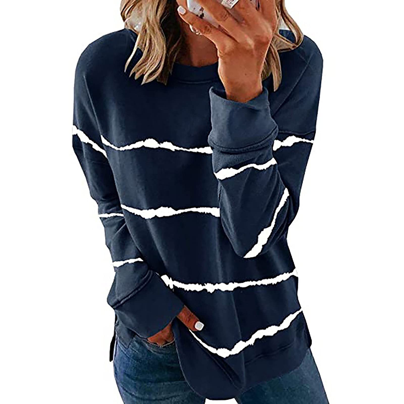 ZEFOTIM Women's Spring Tops 2023 - Trendy Contrast Color Striped Loose O-Neck Long Sleeve Tunic Blouse | Casual Wear, Office Outfits & Spring Fashion