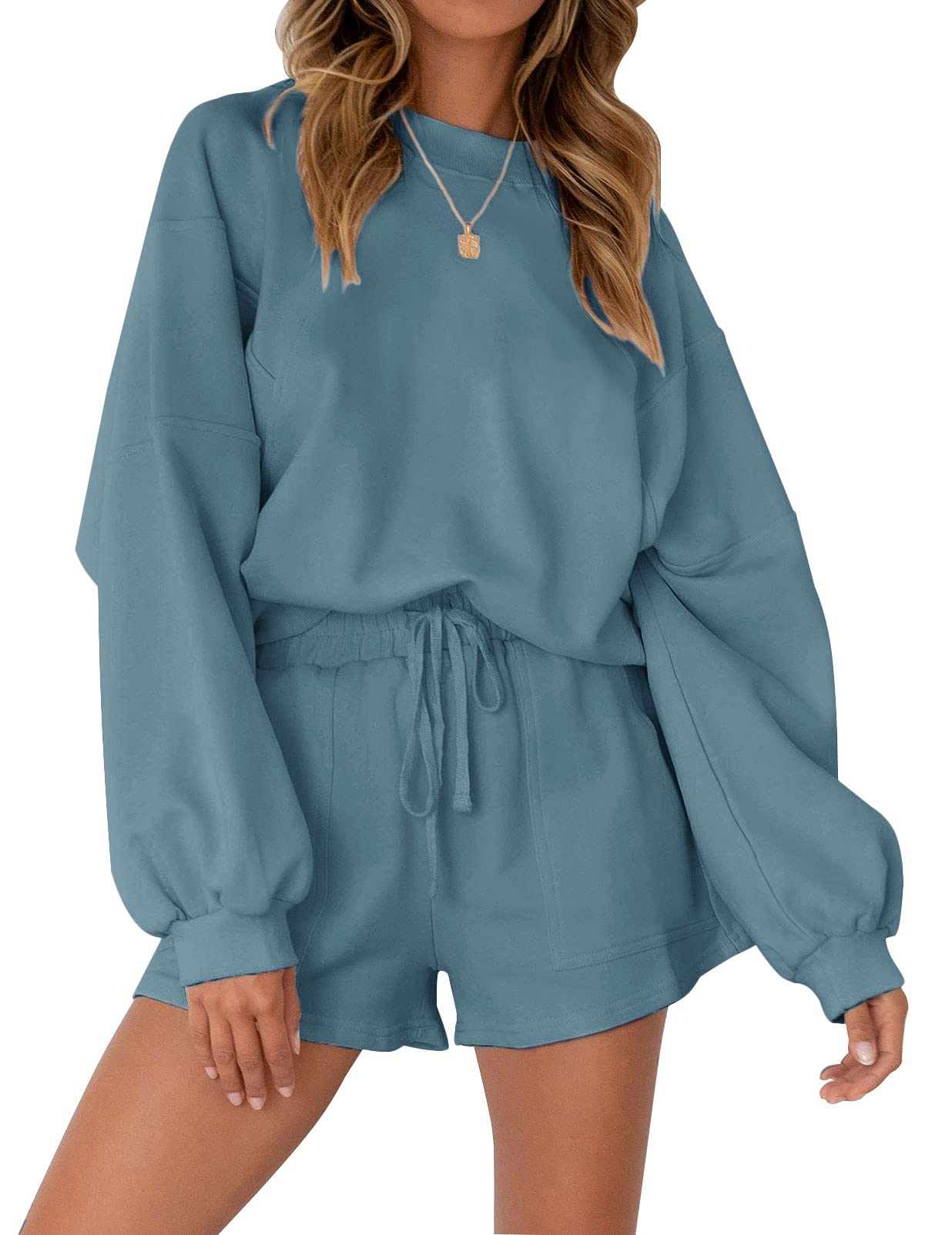 MEROKEETY Women's Oversized Batwing Sleeve Lounge Set - Casual 2-Piece Sweatsuit with Top & Shorts | Comfortable Home Wear, Yoga Outfit, Relaxing Loungewear