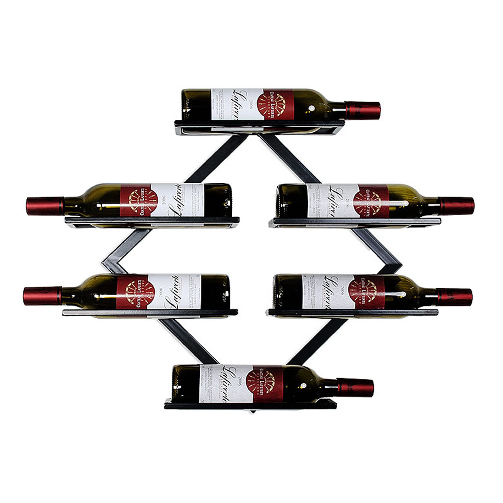 6 Bottle Wall Mounted Wine Rack - Large Black Metal Wine Storage Holder for Kitchen, Bar & Farmhouse Decor | Space-Saving Wine Shelf Organizer for Home & Restaurant Use