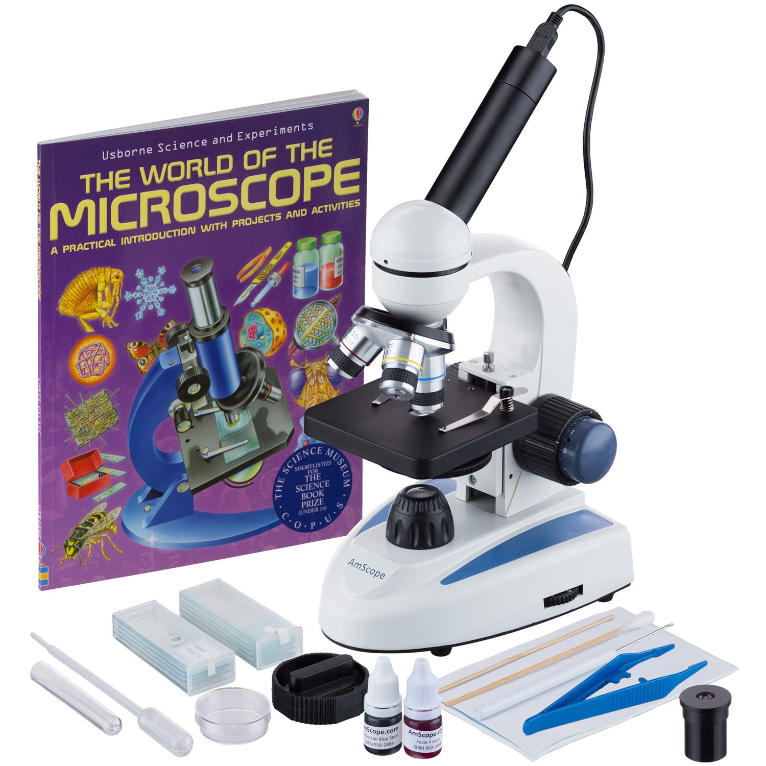AmScope M158C-SP14-WM-E 40X-1000X Student Microscope with USB Camera - Professional Biological Science Microscope Kit with Metal Frame, Glass Optics, Slide Preparation Tools & Instruction Book - Perfect for Home Schooling, Classroom Labs & STEM Education