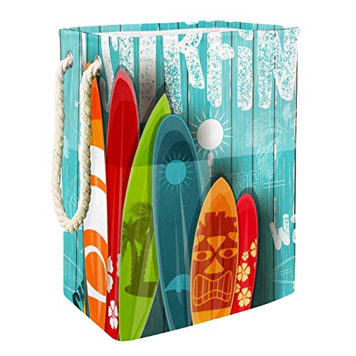 Large Waterproof Foldable Laundry Hamper with Handles - Storage Basket for Kids Room, Home Organization, Nursery & Baby Clothes - Perfect for Laundry, Toy Storage & Beach Gear (Surfboards, Towels) on Blue Wooden Background