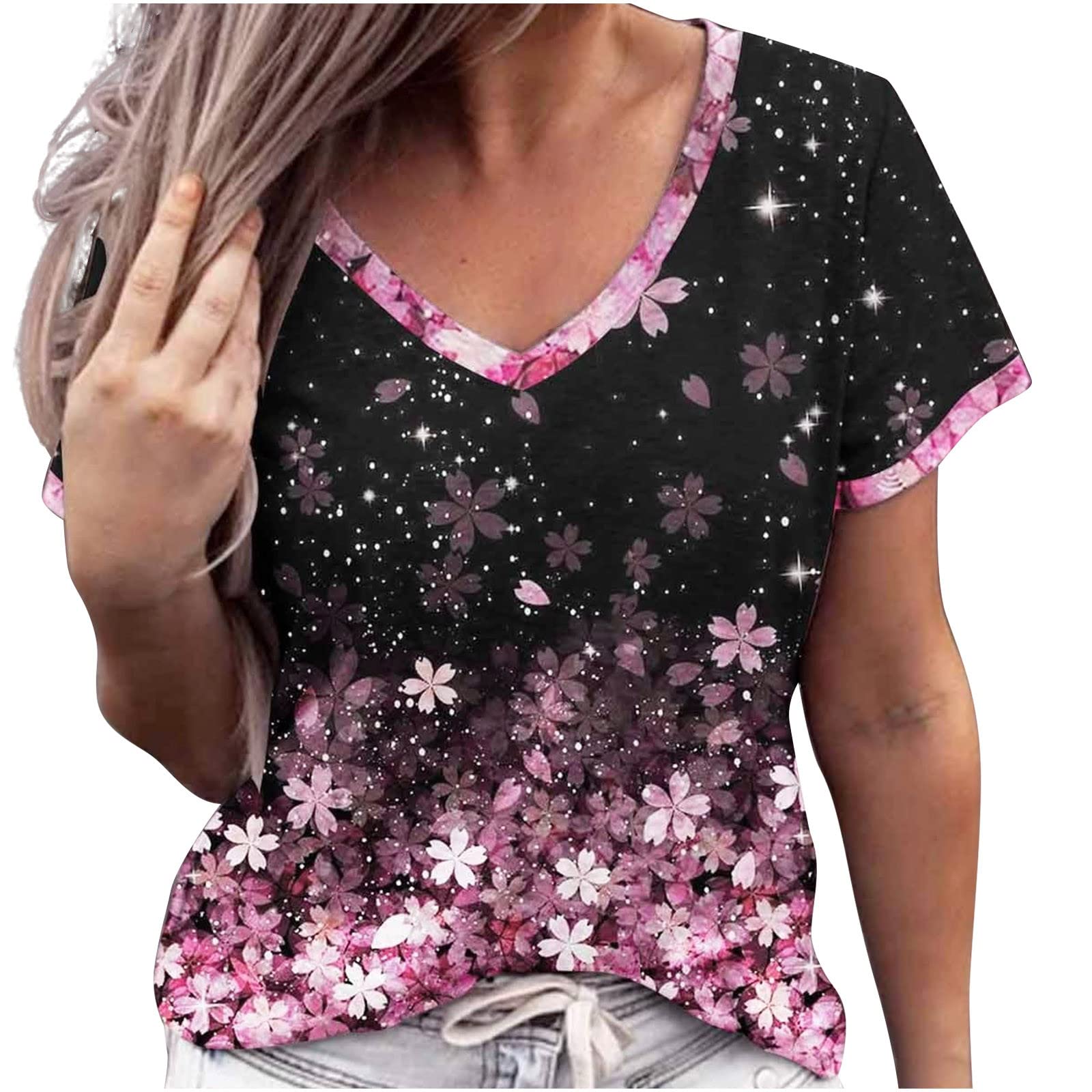 Women's Casual Summer V-Neck Short Sleeve T-Shirt - Trendy Printed Blouse, Loose Fit Tunic Top for Work, Workout & Everyday Wear | Breathable Comfort Tee
