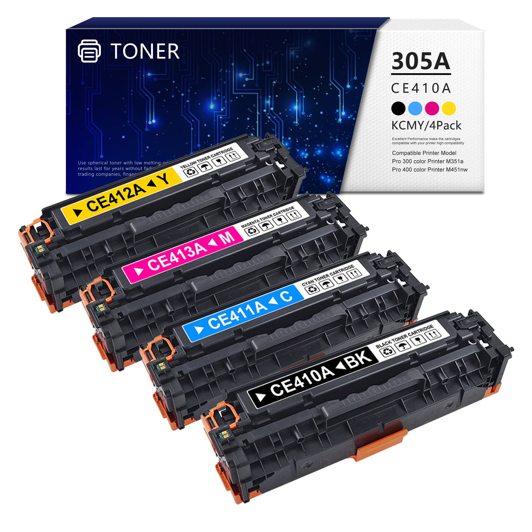 DOPH 305A Toner Cartridge 4-Pack - Compatible with HP Pro 300 M351a, M375, 400 M451, M475 Series (CE410A/CE411A/CE412A/CE413A/CE305AQ1) - High-Yield Replacement for Home & Office Printing Needs