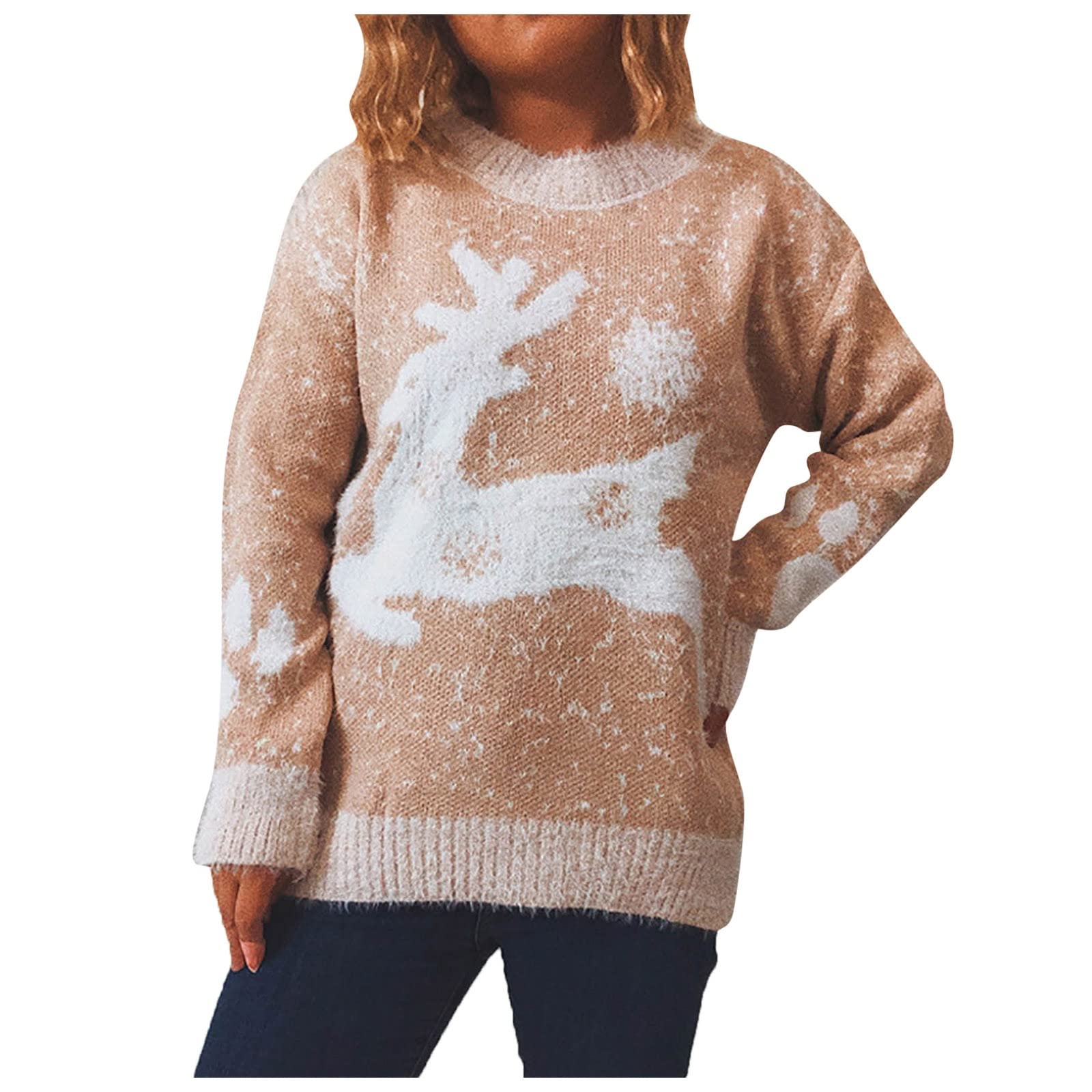 Women's Christmas Wool Knit Sweater - Round Neck Long Sleeve Printed Pullover for Holiday Parties & Winter Outfits