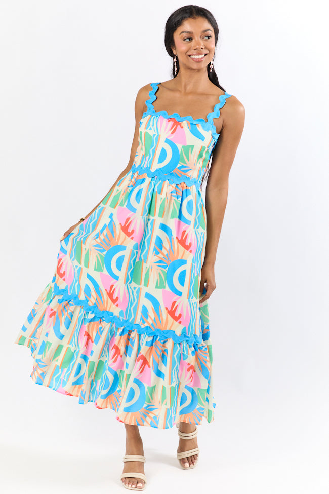 Tropical Tango Floral Print Midi Dress with Rick Rack Trim - Women's Summer Boho Dress for Beach Vacation & Date Night